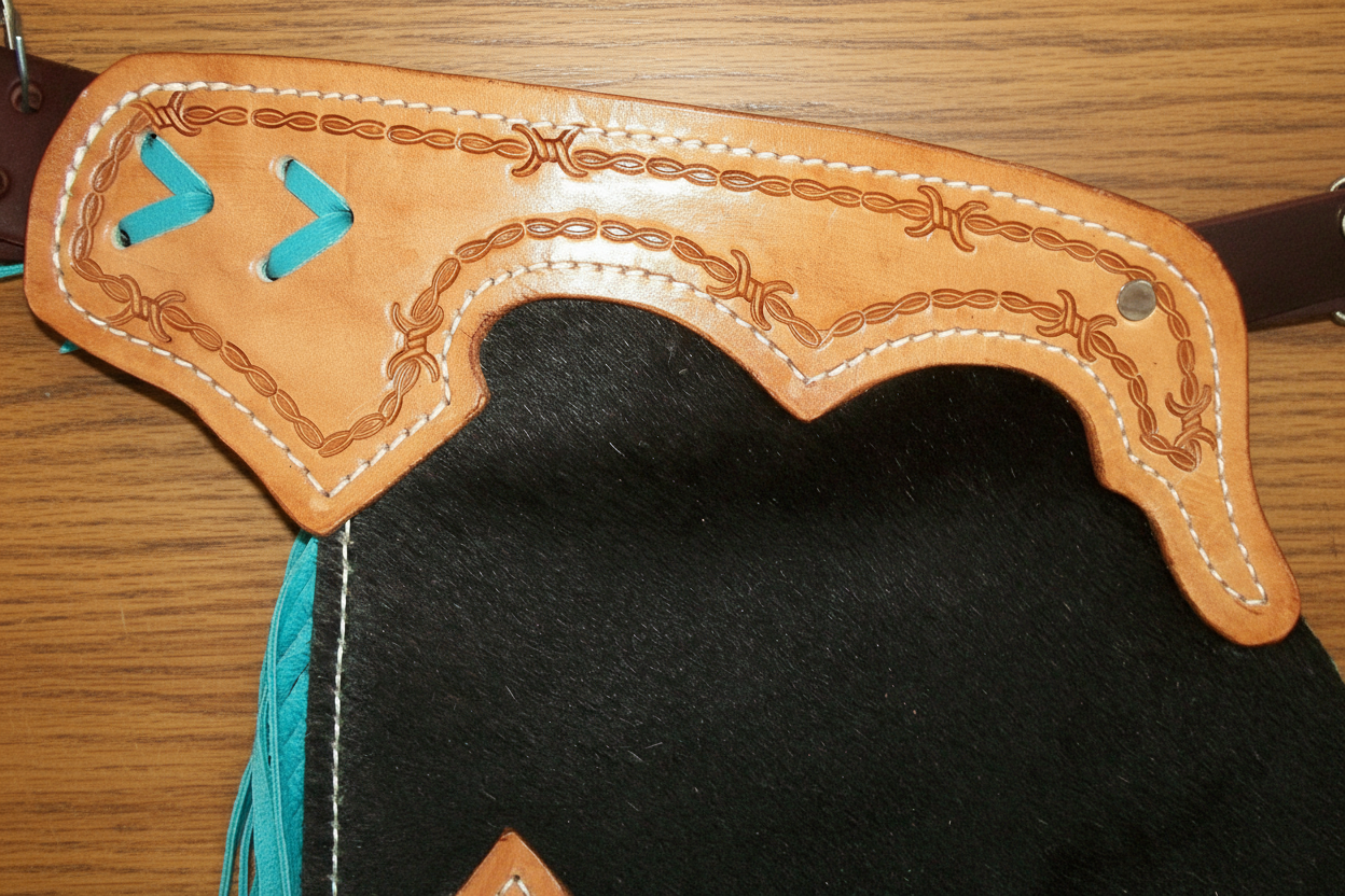 Elite Western Cowhide Chinks & Chaps – Handcrafted Hair-On Leather with Turquoise Accents