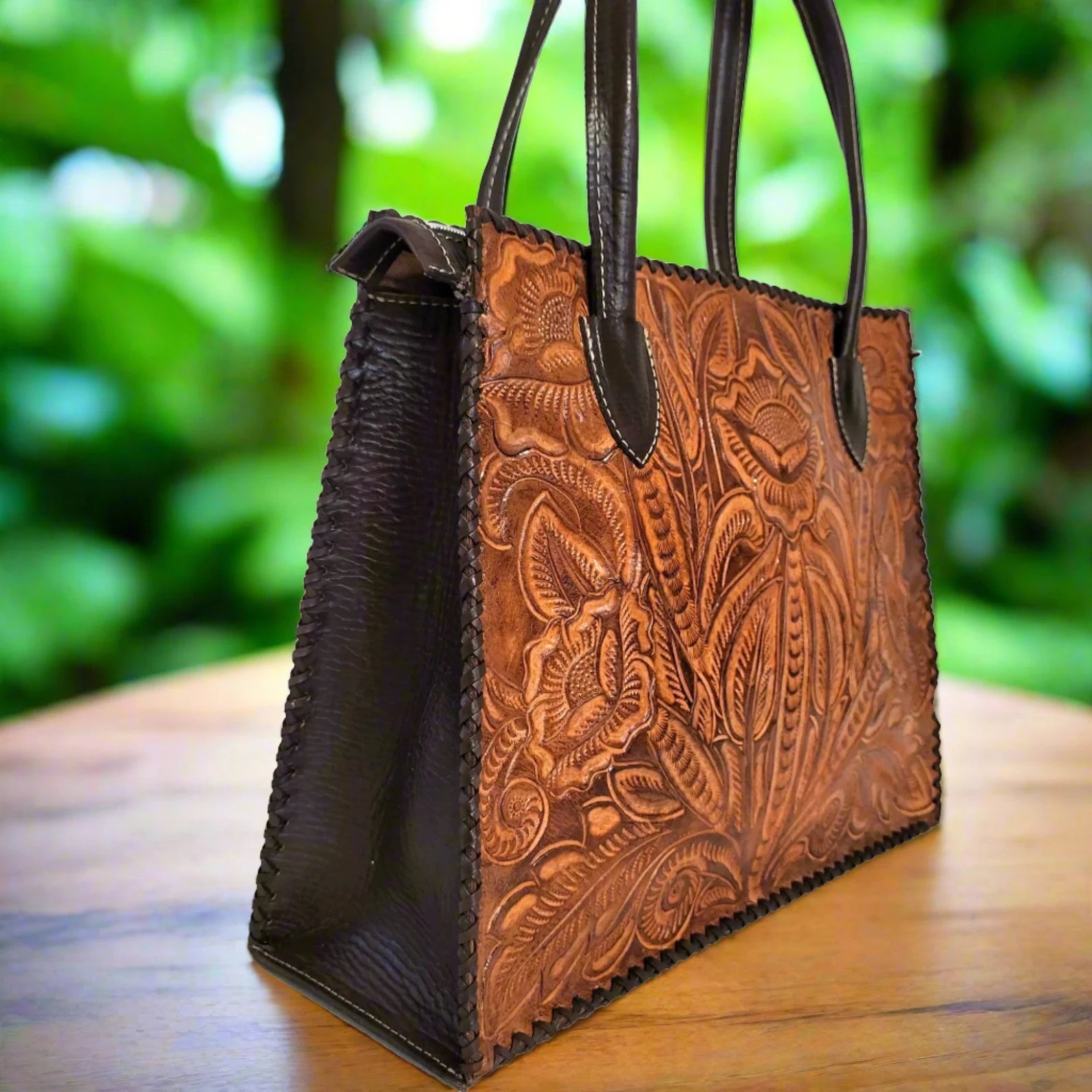 Handmade Tooled Leather Shoulder Bag: Vintage Cowhide Handbag