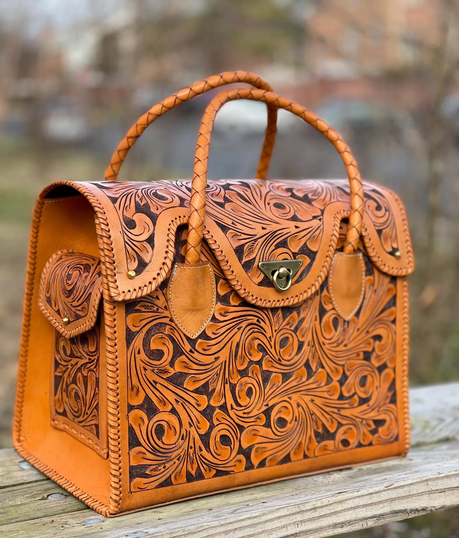 Hand-Tooled Leather Weekender Crossbody Tote Bag, Handmade Large Carry-On, Western Style Leather tooled Handbag