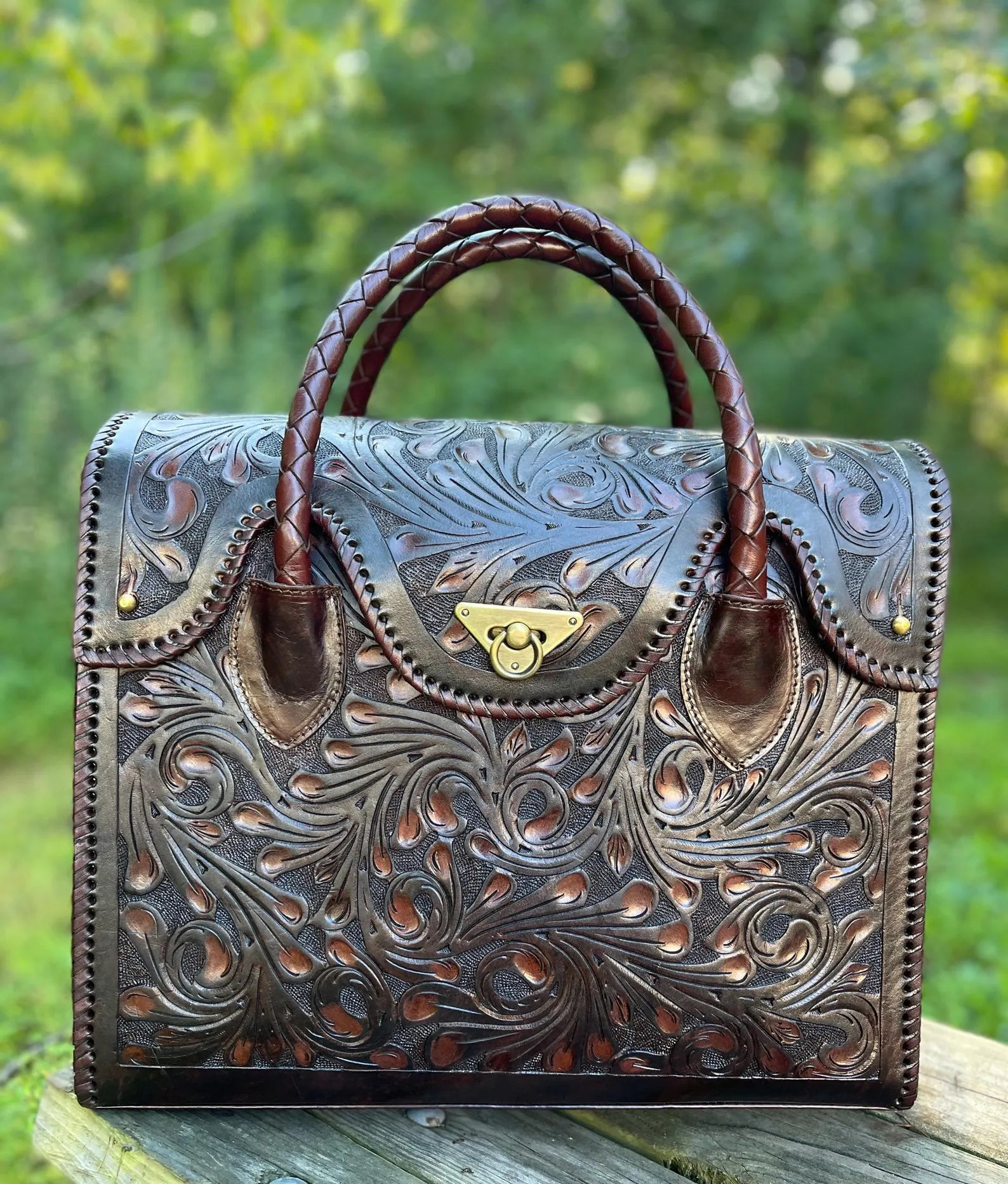 Hand-Tooled Leather Weekender Crossbody Tote Bag, Handmade Large Carry-On, Western Style Leather tooled Handbag