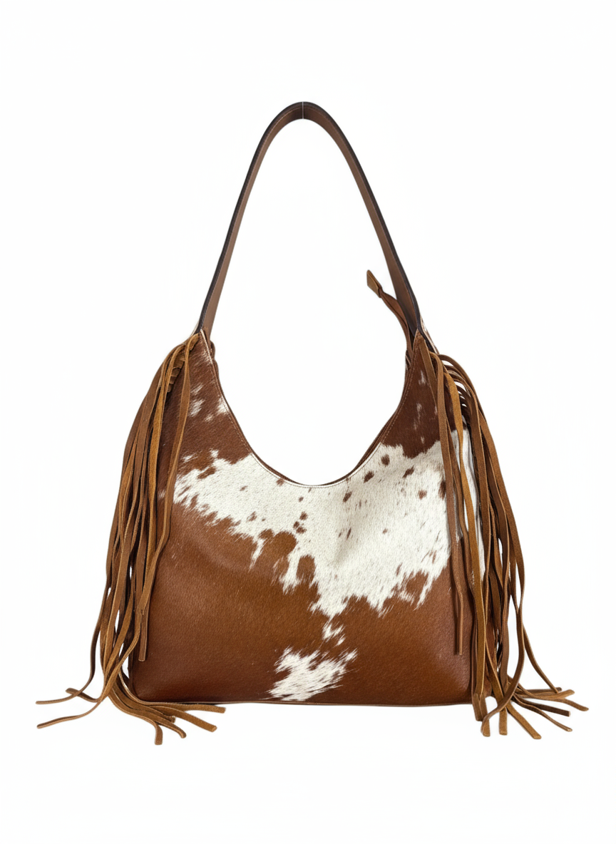 Cowhide Hobo Fringe Tooled Purse : Women Leather Tote Bag : Tooled Leather Handbag