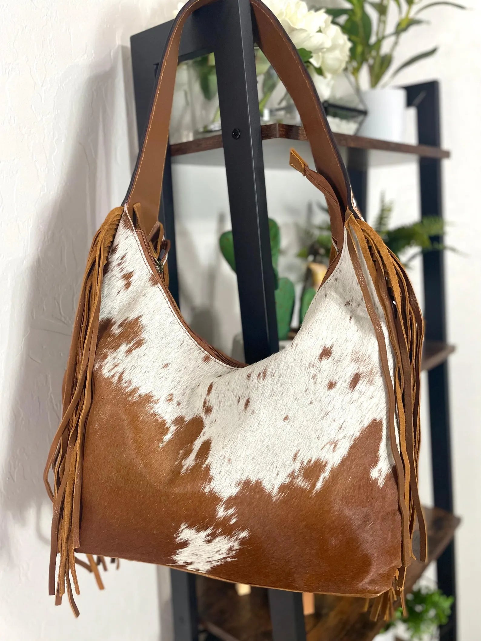 Cowhide Hobo Fringe Tooled Purse : Women Leather Tote Bag : Tooled Leather Handbag