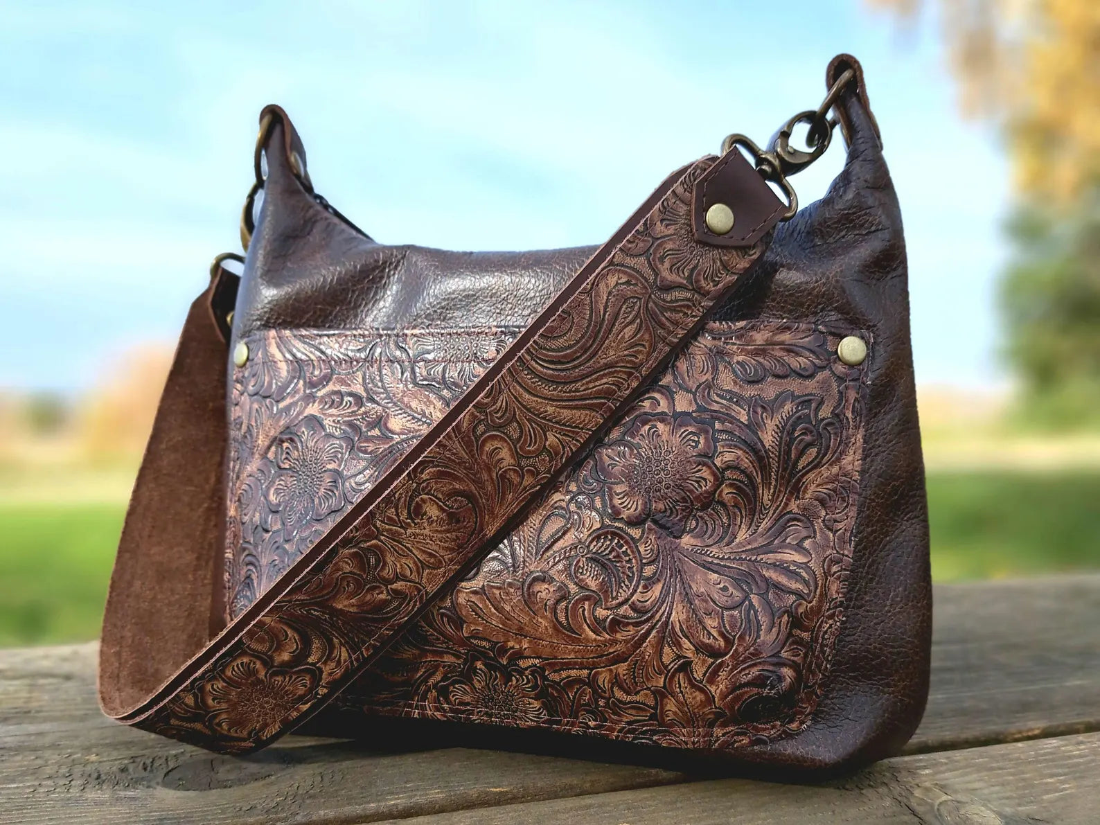 Womens Brown Leather Purse, Cowgirl Shoulder Bag With Embossed Tooled Floral Leather,Vintage Western Hobo Crossbody Handbag.