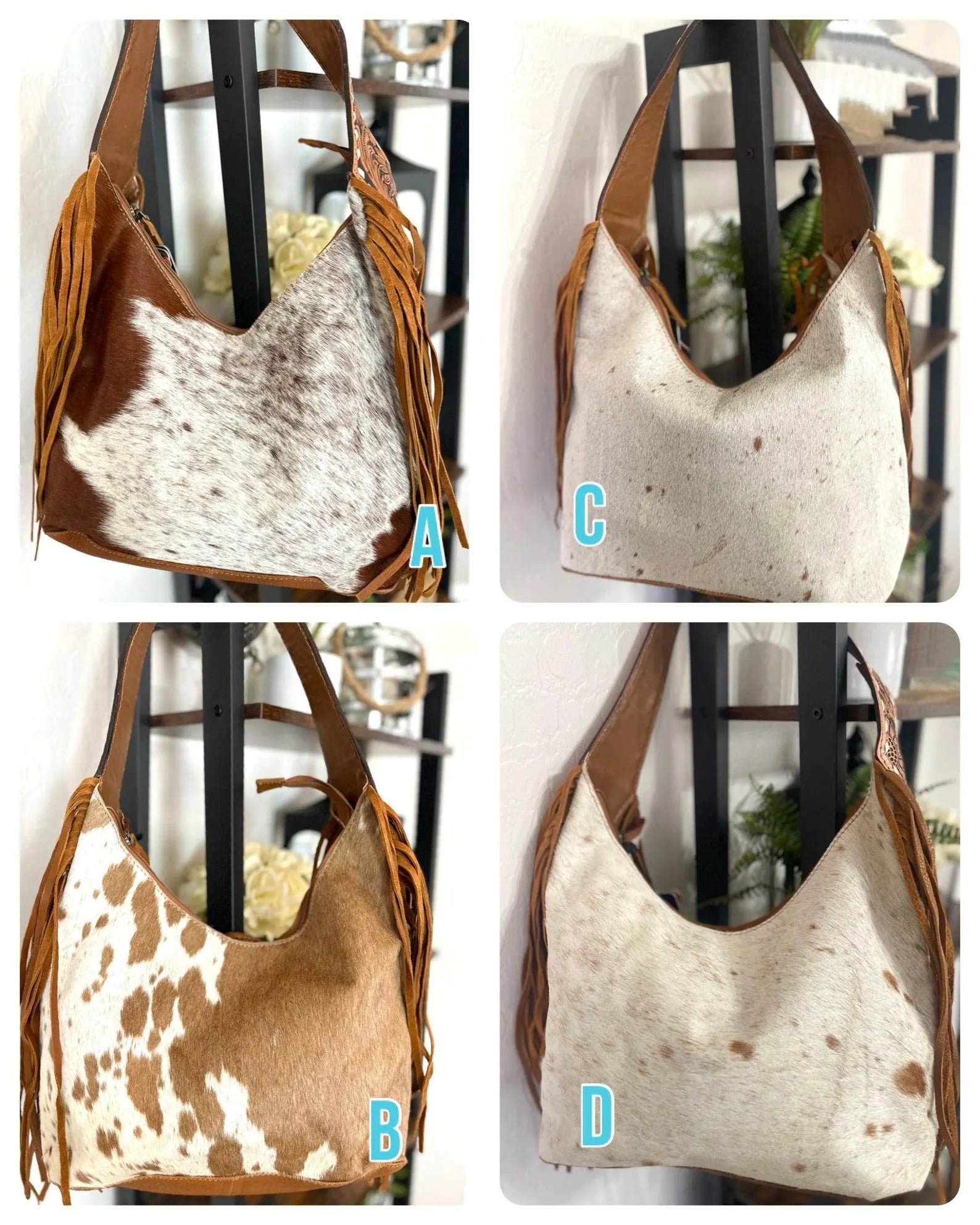 Cowhide Hobo Fringe Tooled Purse : Women Leather Tote Bag : Tooled Leather Handbag