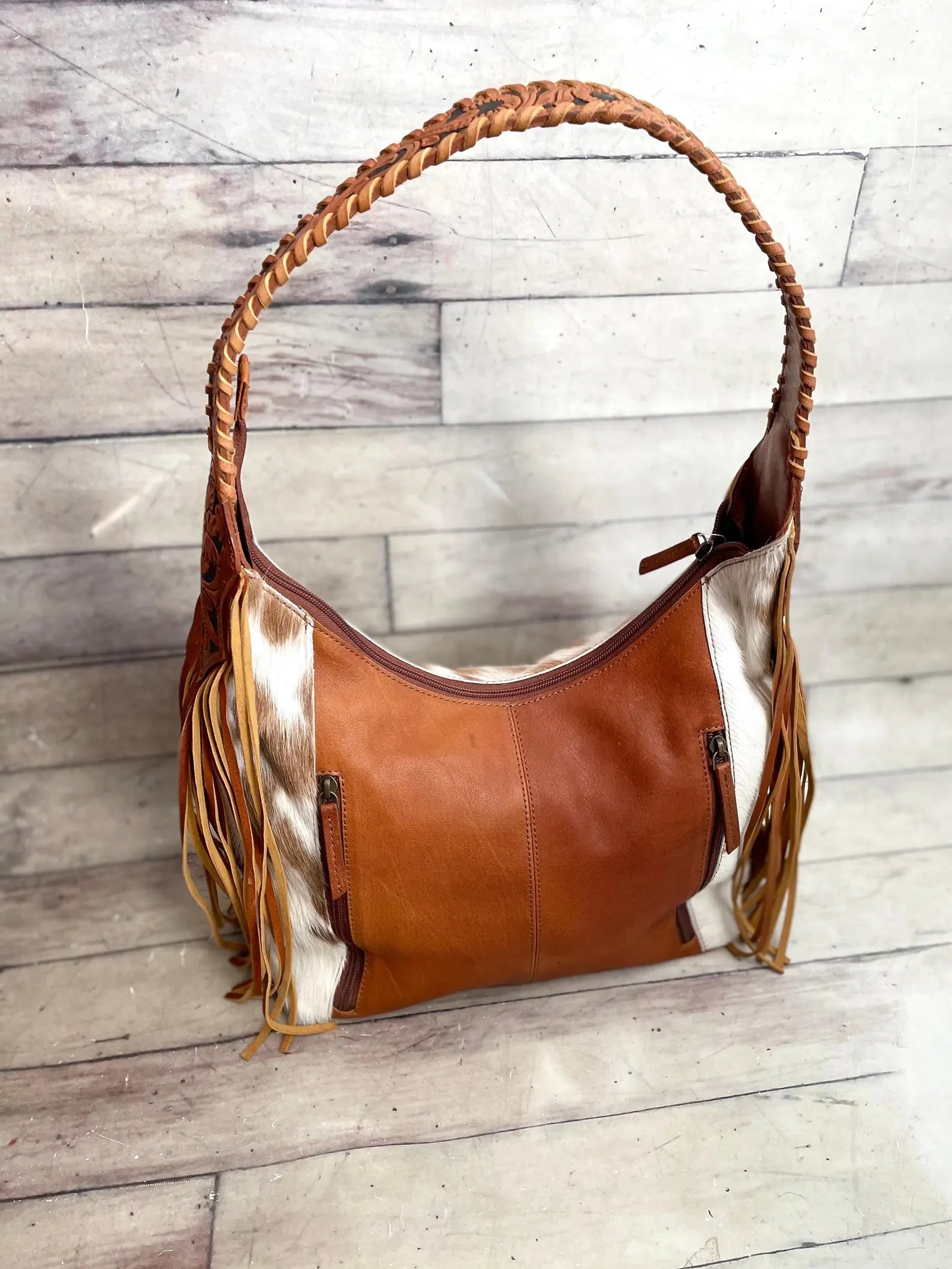 Cowhide Hobo Fringe Tooled Purse : Women Leather Tote Bag : Tooled Leather Handbag
