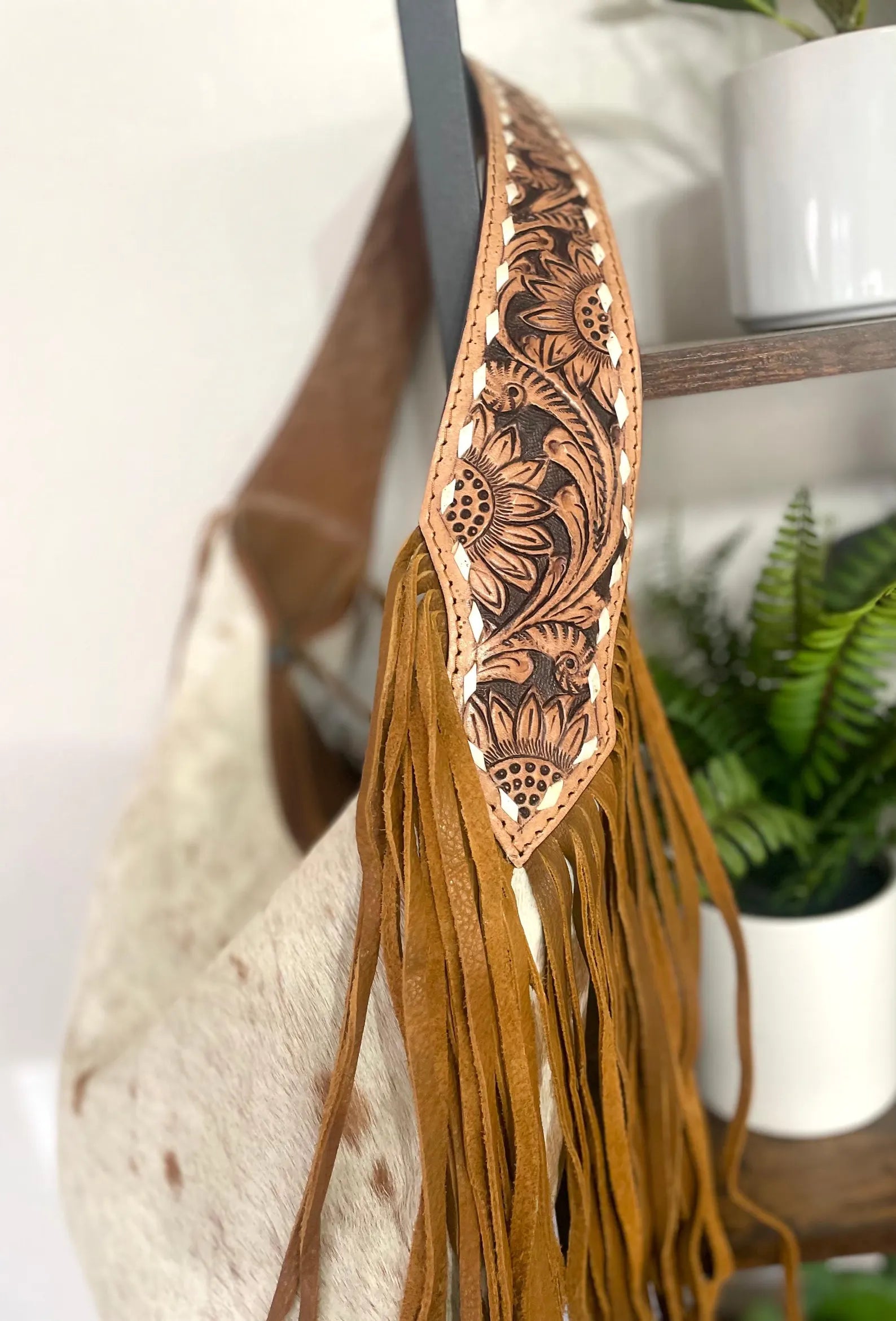 Cowhide Hobo Fringe Tooled Purse : Women Leather Tote Bag : Tooled Leather Handbag