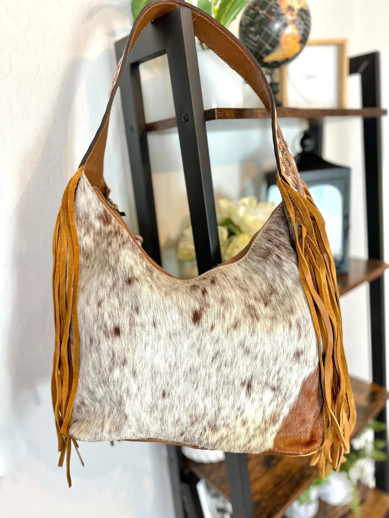 Cowhide Hobo Fringe Tooled Purse : Women Leather Tote Bag : Tooled Leather Handbag