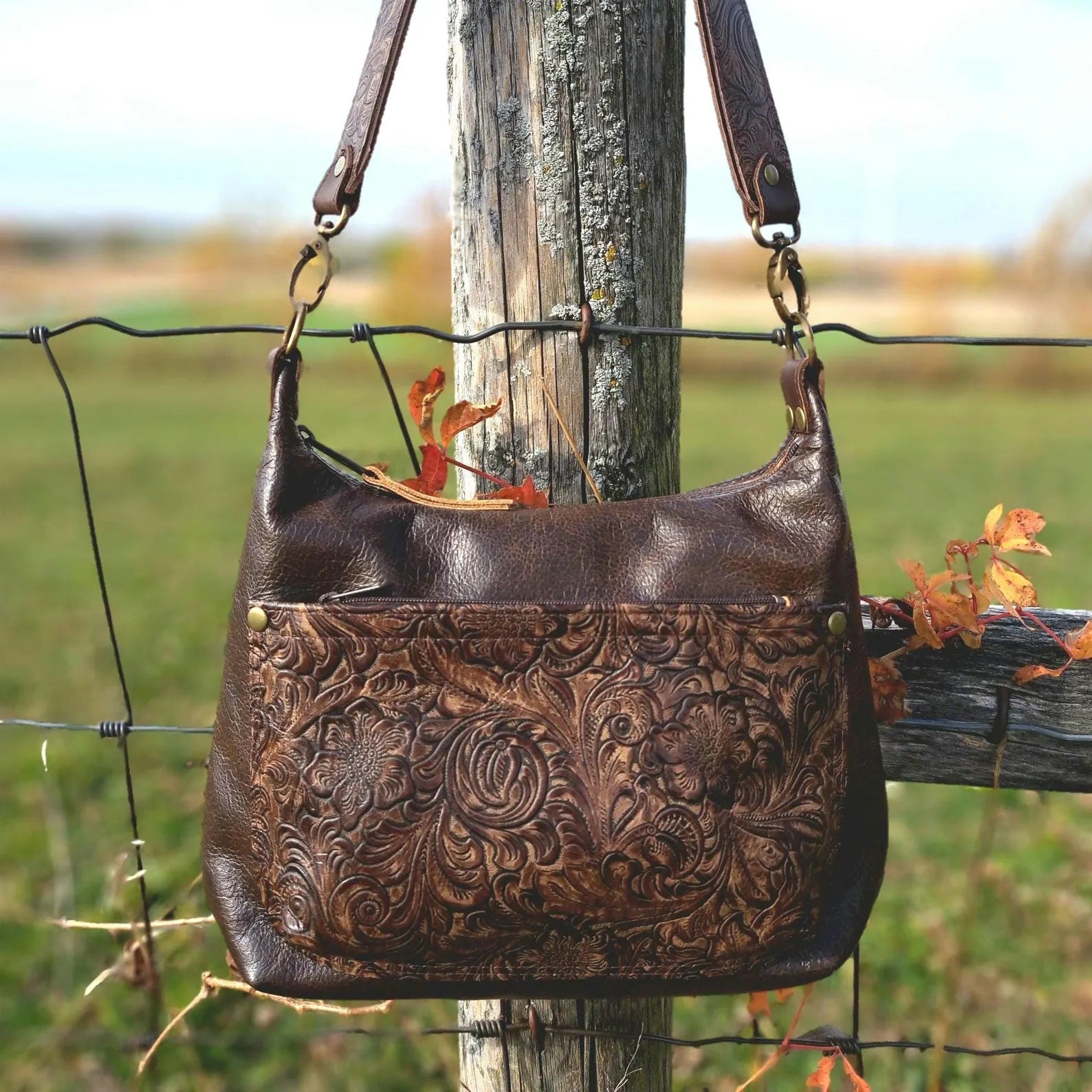 Womens Brown Leather Purse, Cowgirl Shoulder Bag With Embossed Tooled Floral Leather,Vintage Western Hobo Crossbody Handbag.