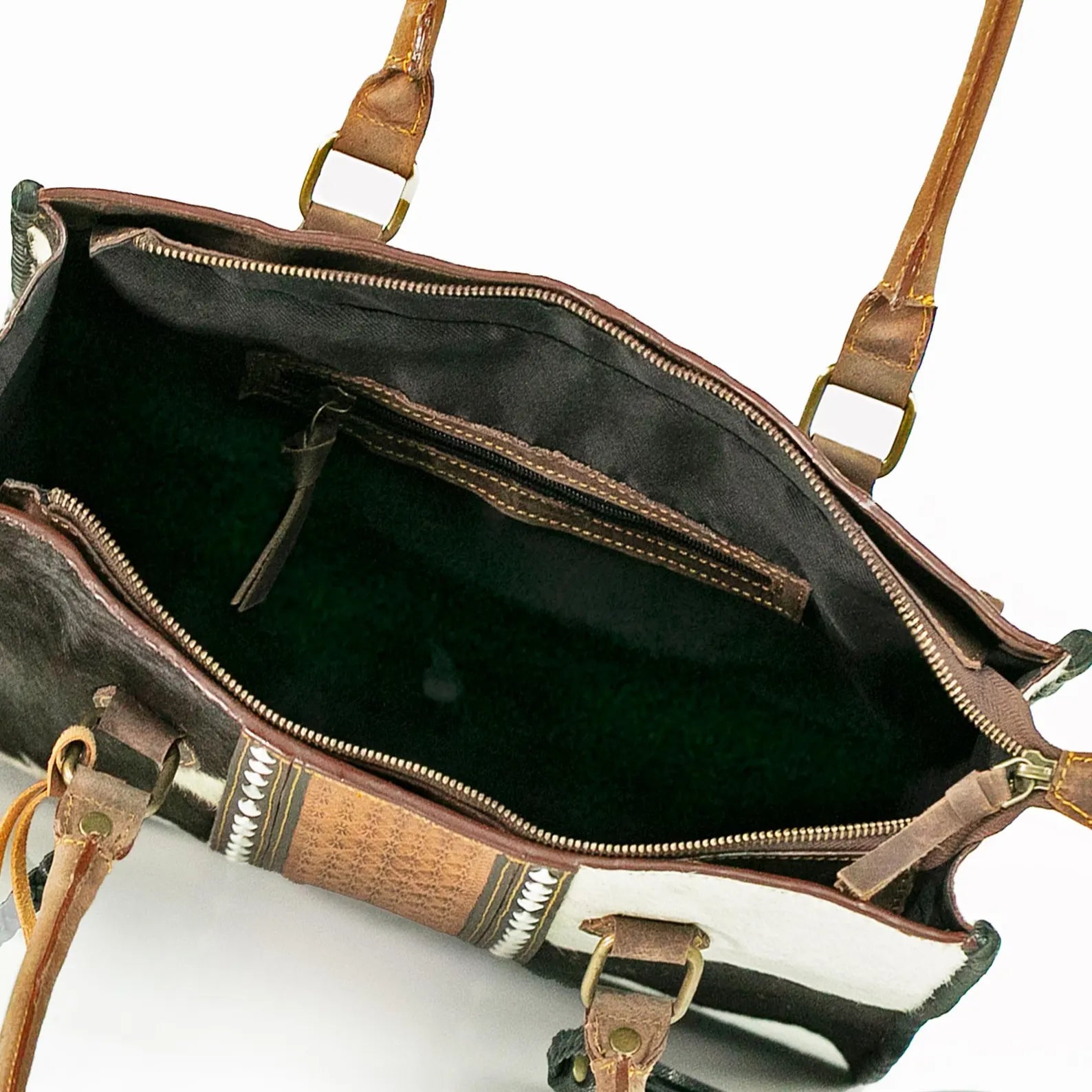 Artisan Cowhide tooled Leather Tote Bag: Handcrafted Shoulder Bag