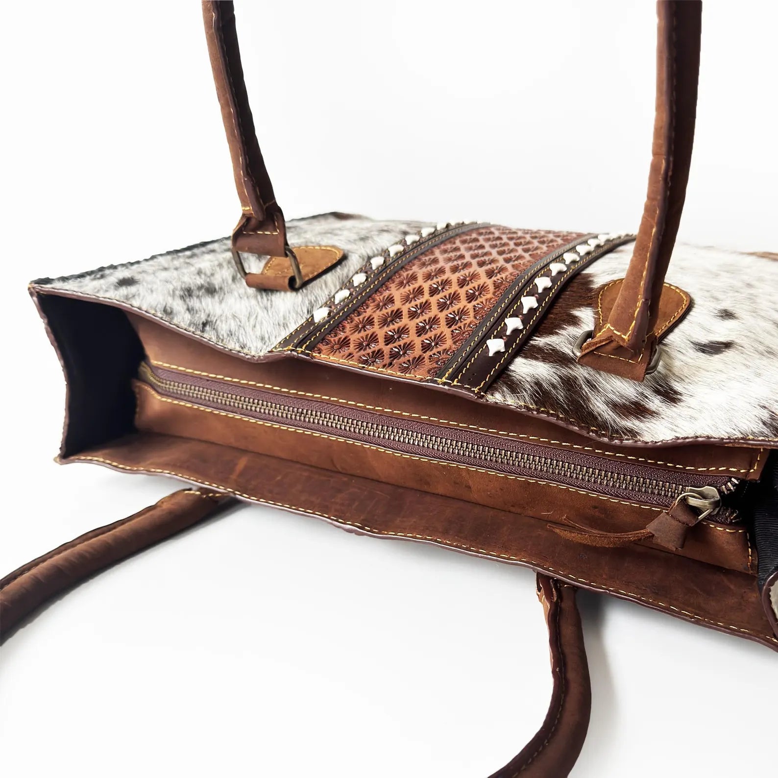 Artisan Cowhide tooled Leather Tote Bag: Handcrafted Shoulder Bag