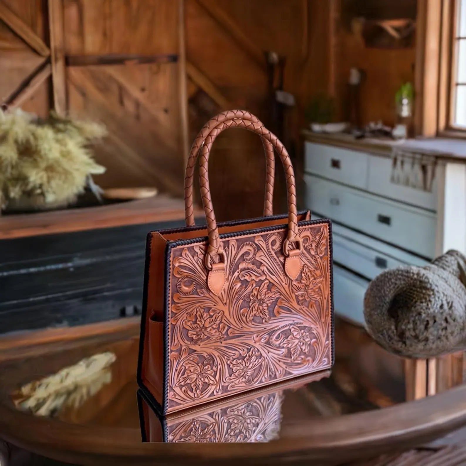 Hand-Tooled Leather Tote Bag – Western Floral Purse, Barcelona Leather Tote, Artisan Handmade Large Shoulder Bag, Boho Cowgirl Rodeo Handbag