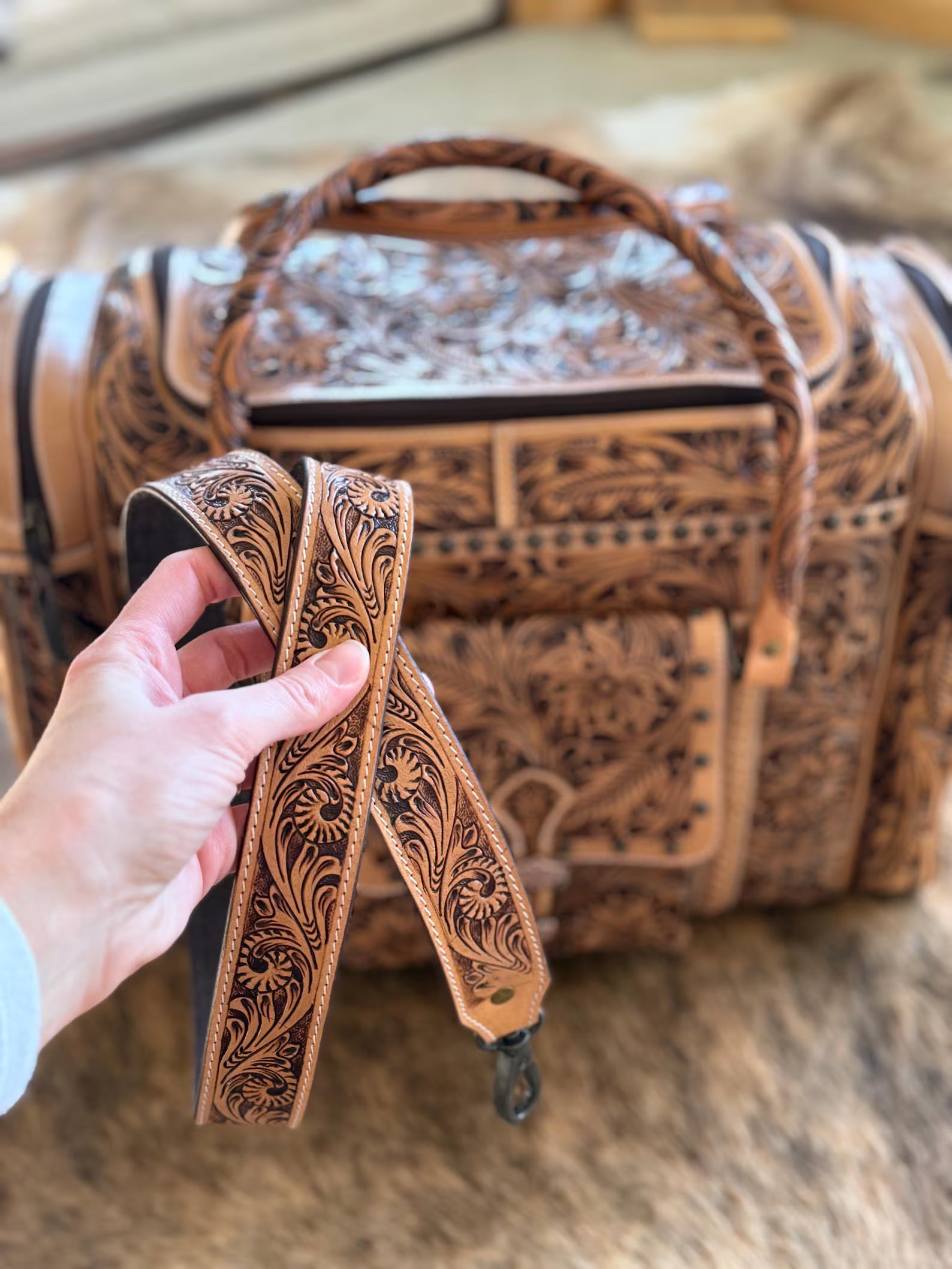 Barcelona Tooled Leather Duffel Bag : Natural Leather Western Handbags