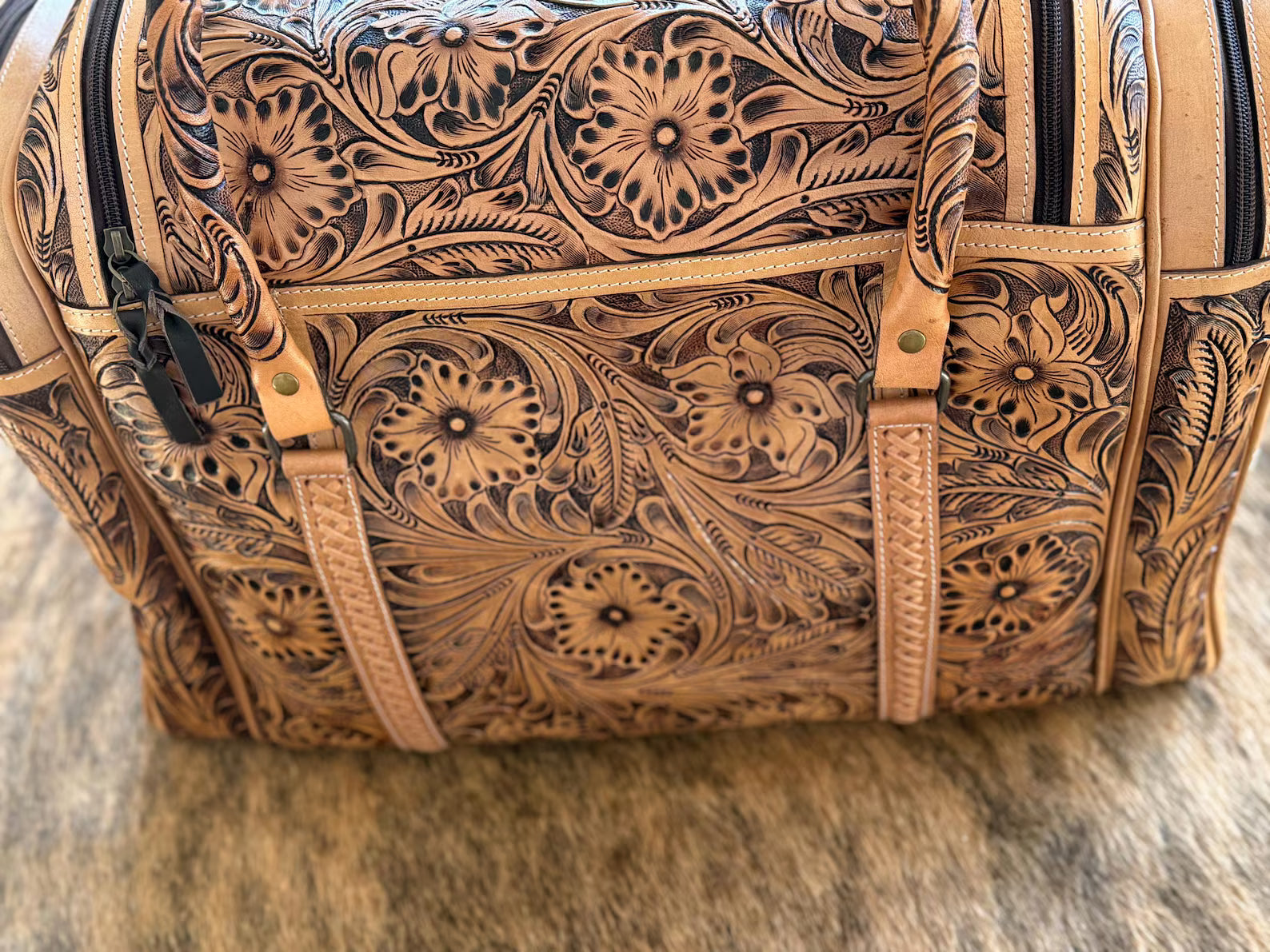 Barcelona Tooled Leather Duffel Bag : Natural Leather Western Handbags