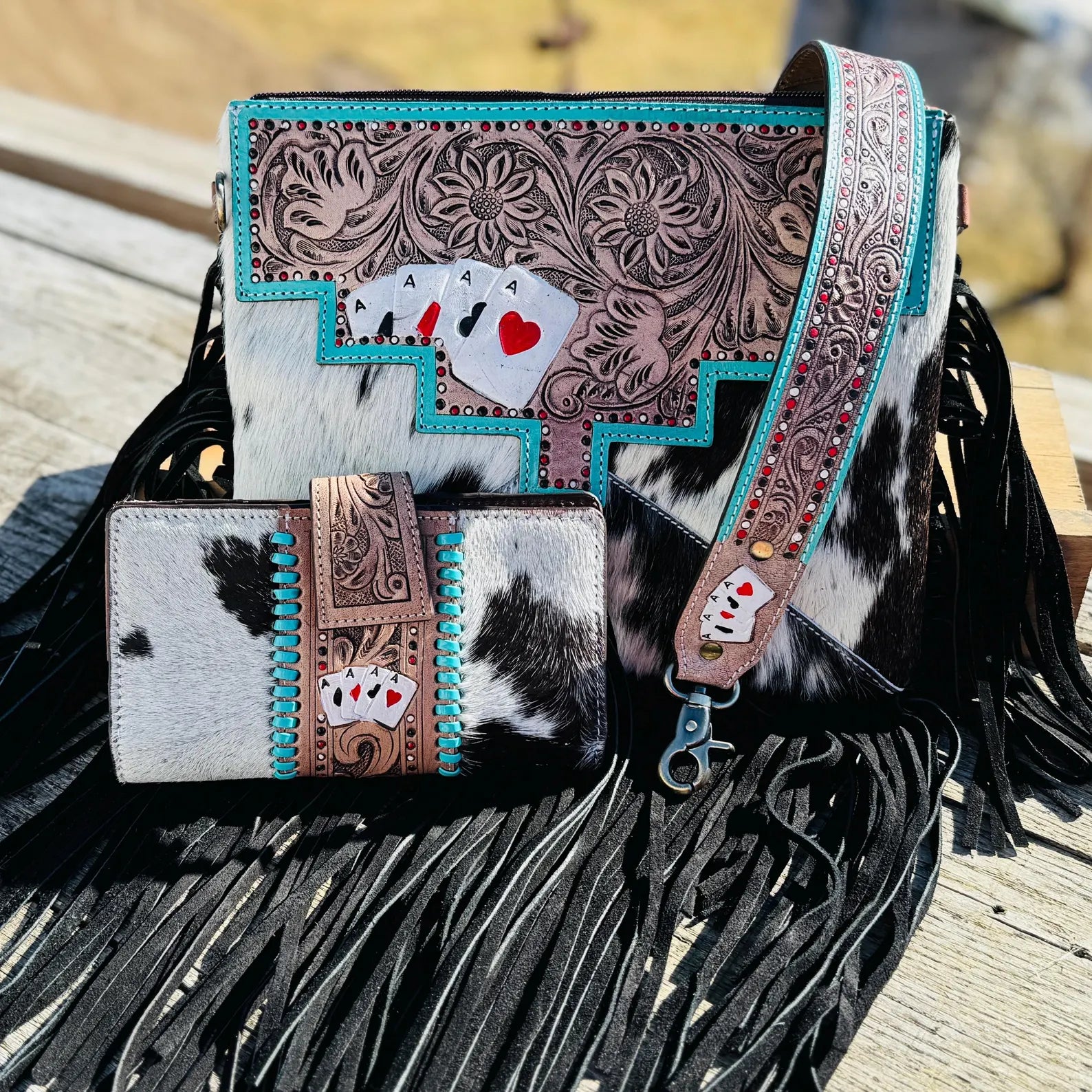 Genuine Western Cowhide Leather Purse and Wallet with Ace Cards painted details and black fringe.