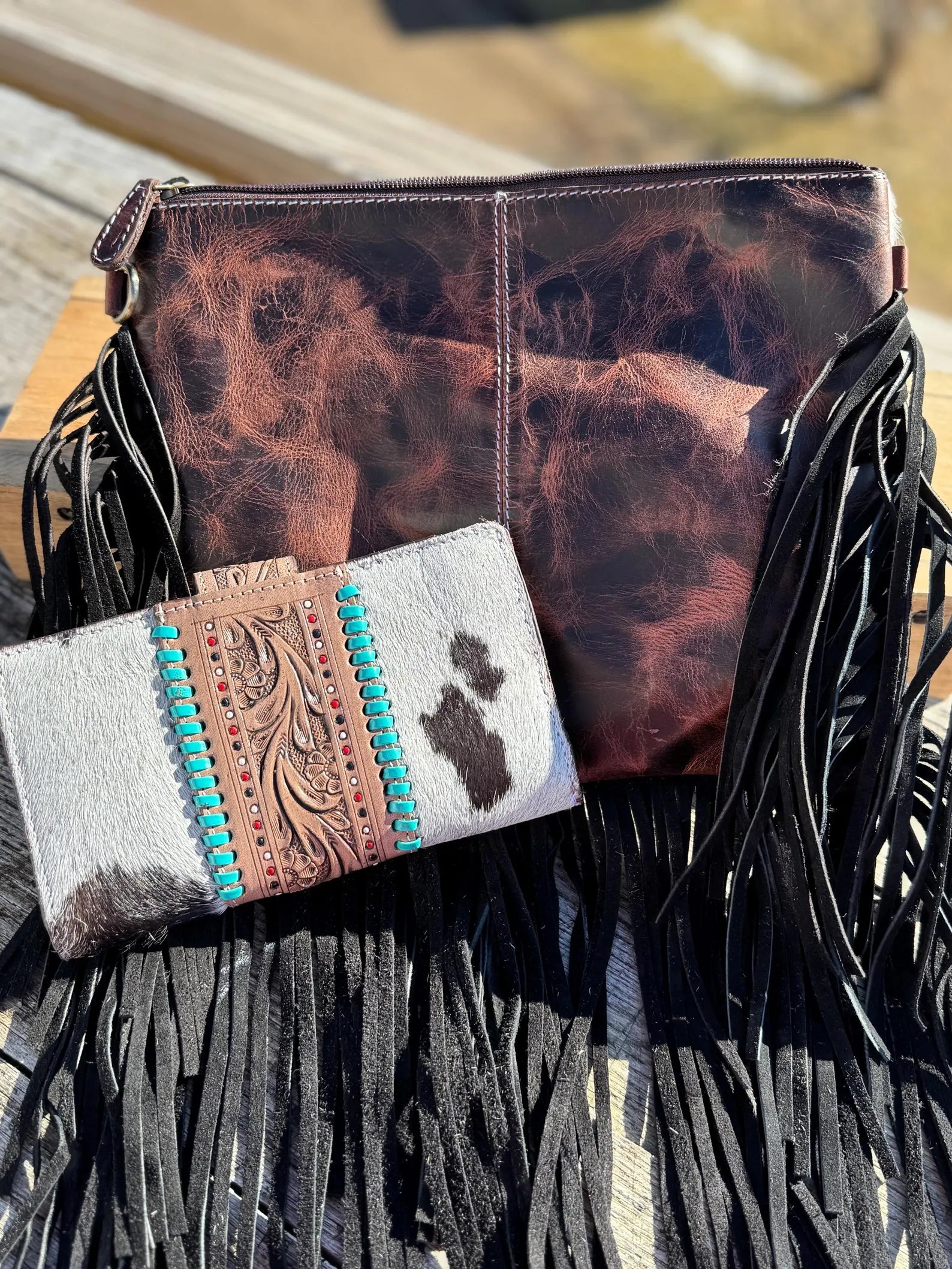 Genuine Western Cowhide Leather Purse and Wallet with Ace Cards painted details and black fringe.