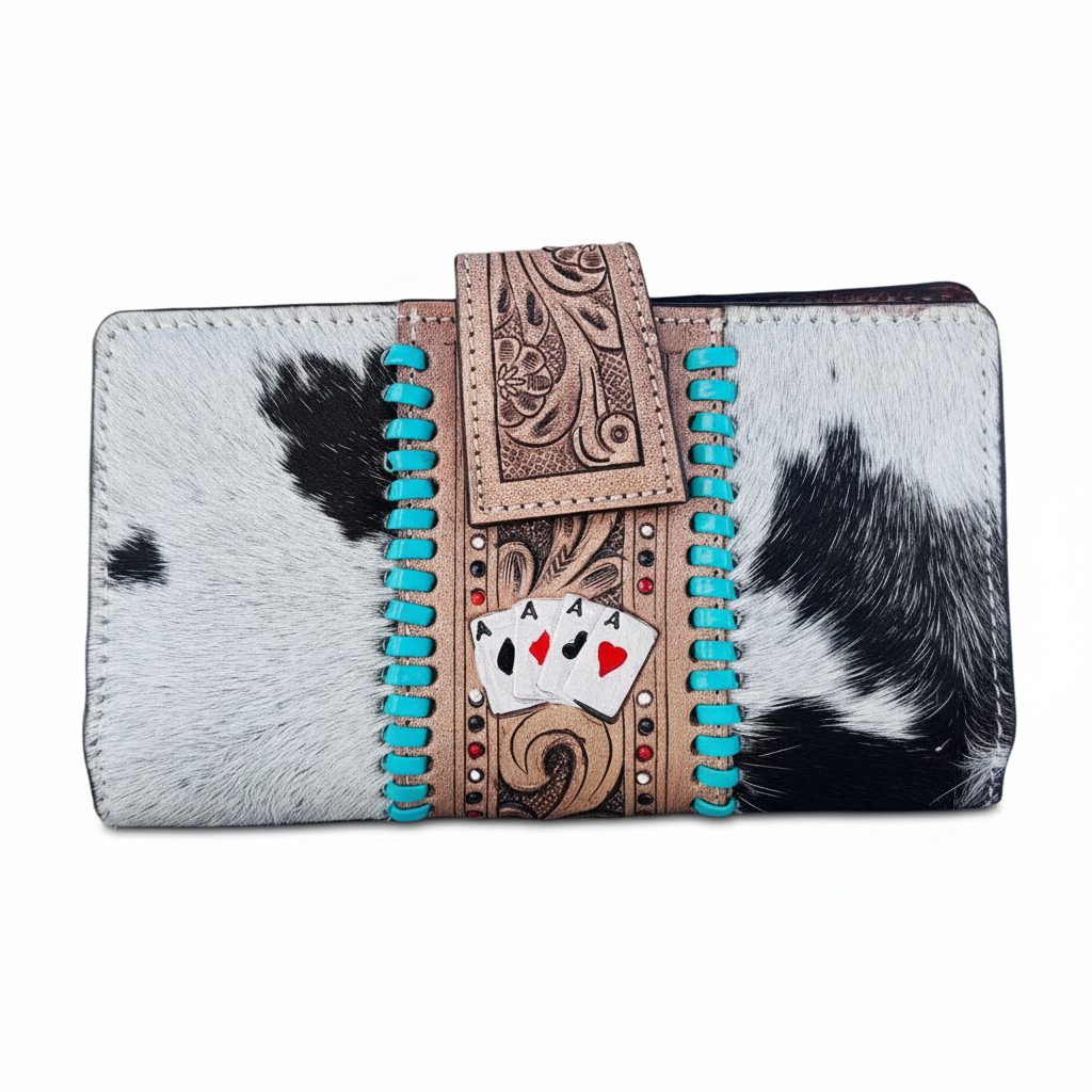 Genuine Western Cowhide Leather Purse and Wallet with Ace Cards painted details and black fringe.
