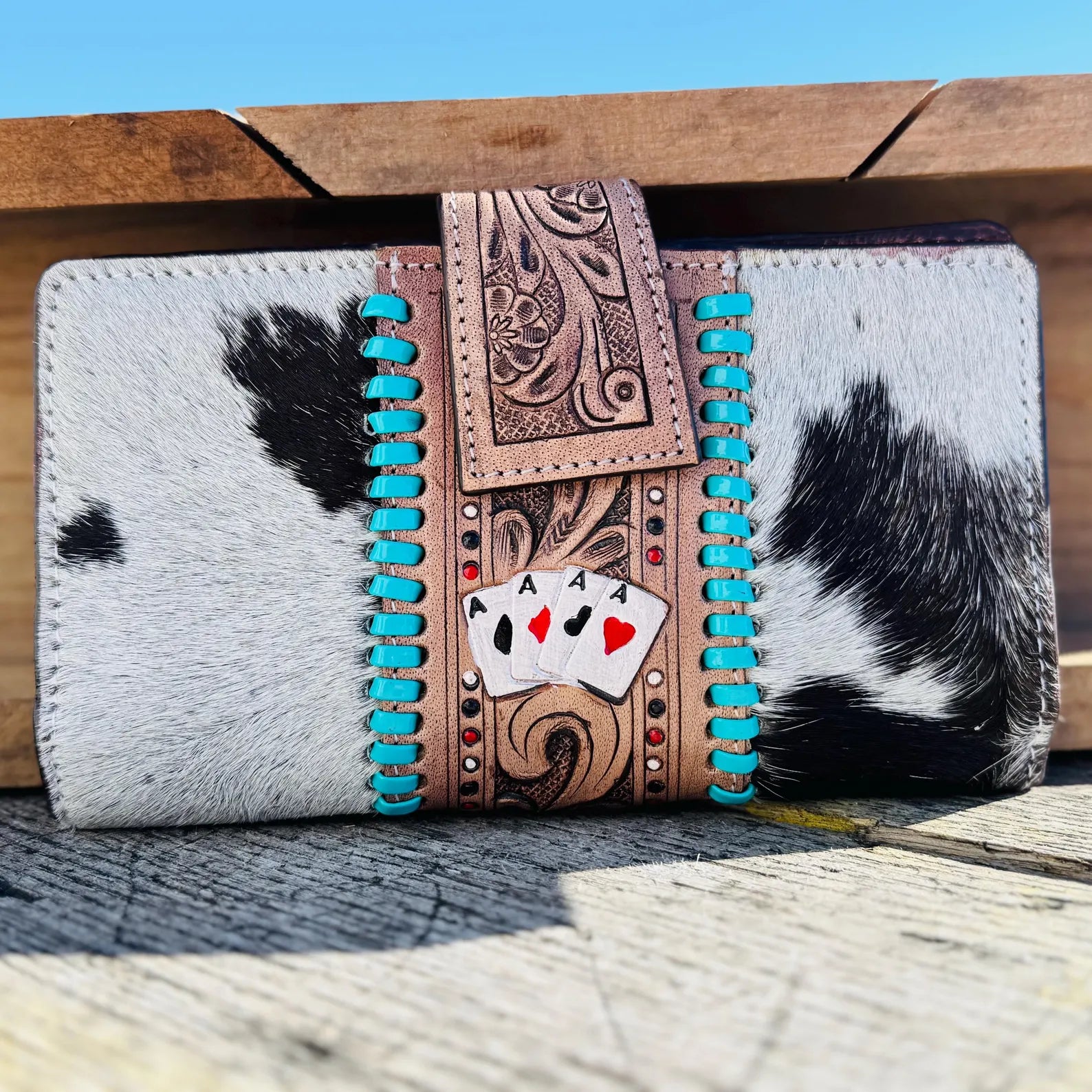 Genuine Western Cowhide Leather Purse and Wallet with Ace Cards painted details and black fringe.