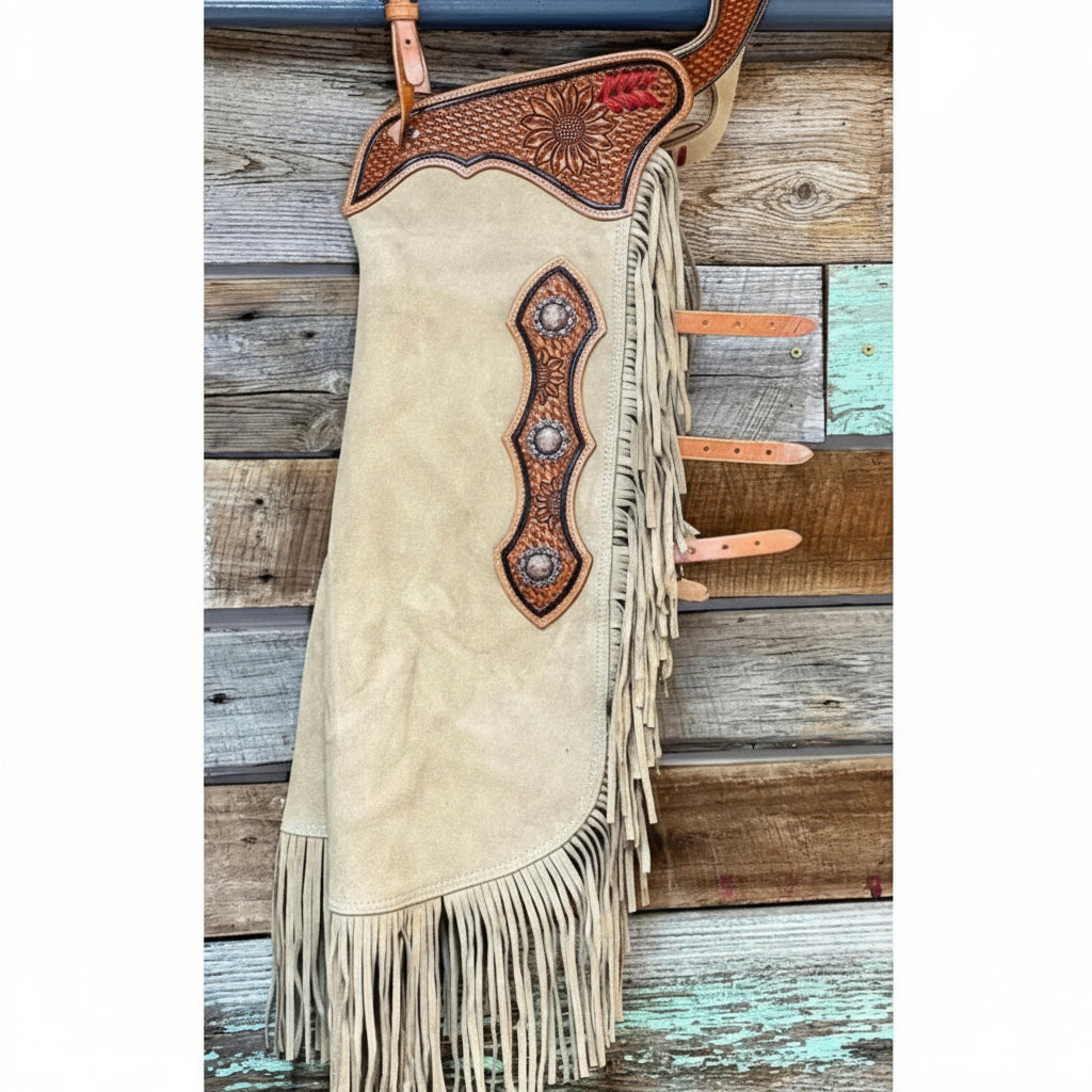 Handcrafted Western Chinks in Beige Suede – Built for Ranch & Arena