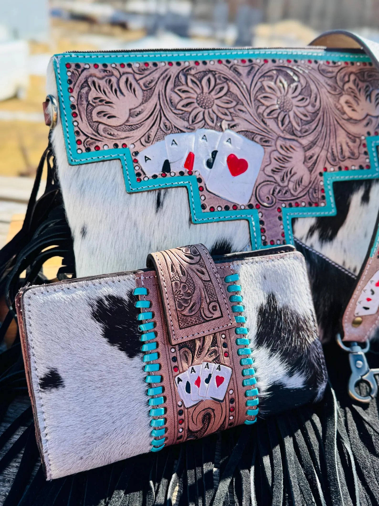 Genuine Western Cowhide Leather Purse and Wallet with Ace Cards painted details and black fringe.
