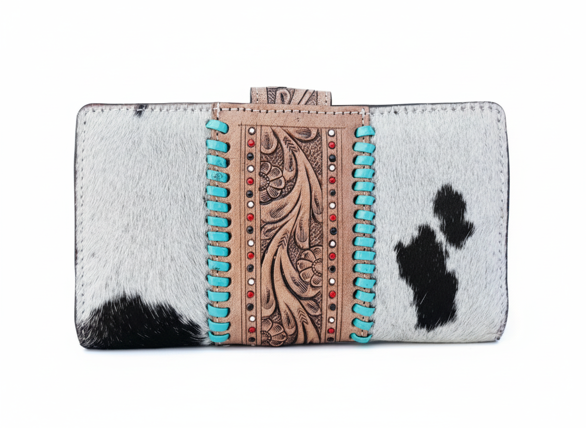 Genuine Western Cowhide Leather Purse and Wallet with Ace Cards painted details and black fringe.