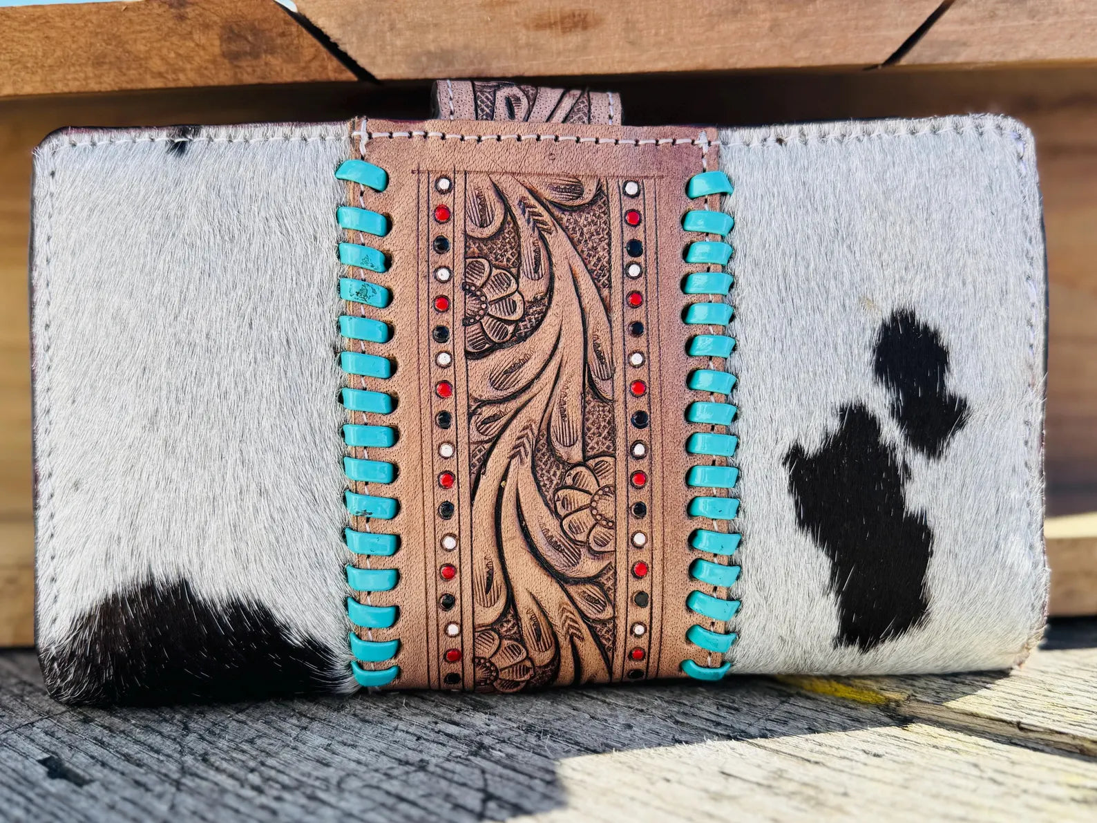 Genuine Western Cowhide Leather Purse and Wallet with Ace Cards painted details and black fringe.