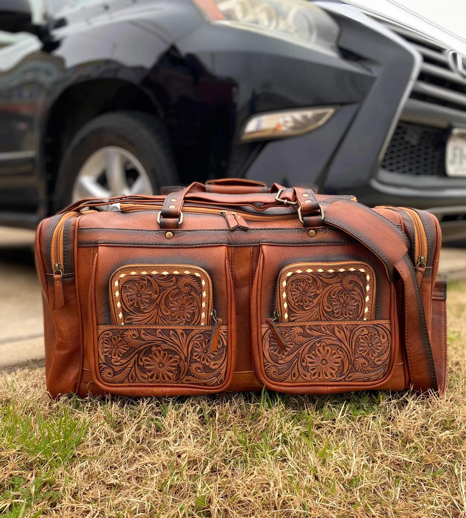 Western-Style Classic Tooled Leather Duffle Bag