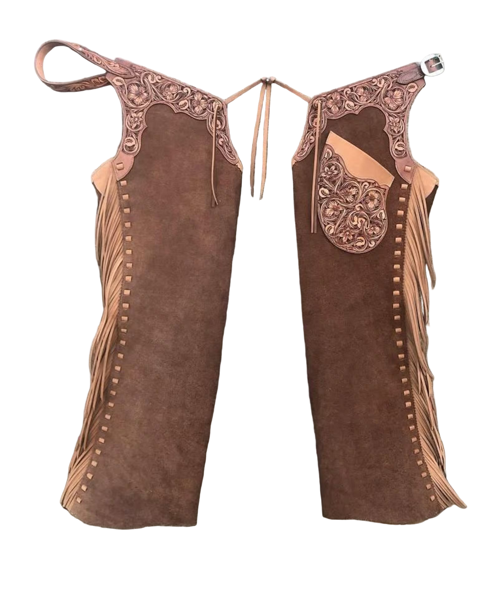 Premium Western Chaps – Floral Tooled Yoke on Sand Suede