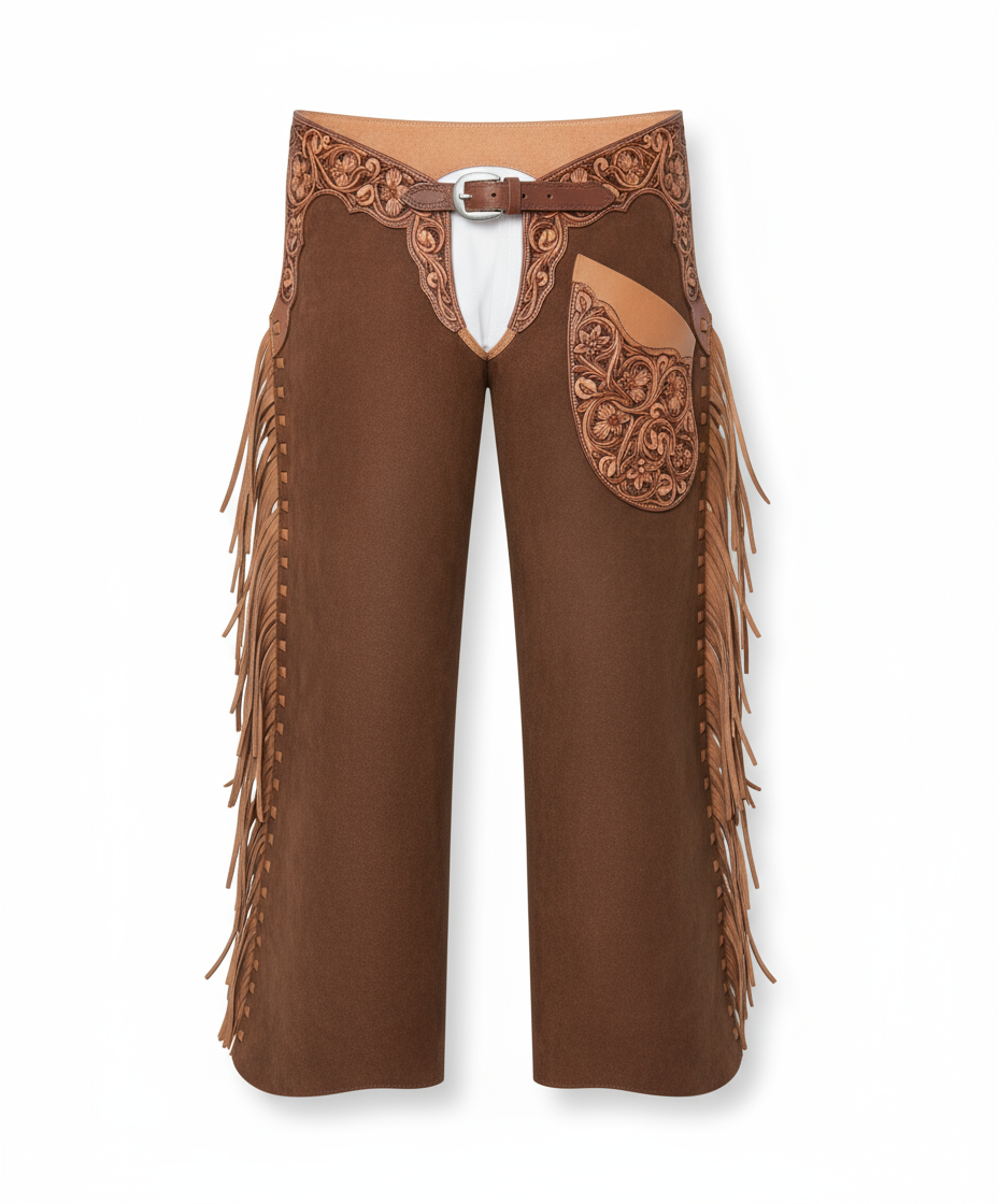 Premium Western Chaps – Floral Tooled Yoke on Sand Suede