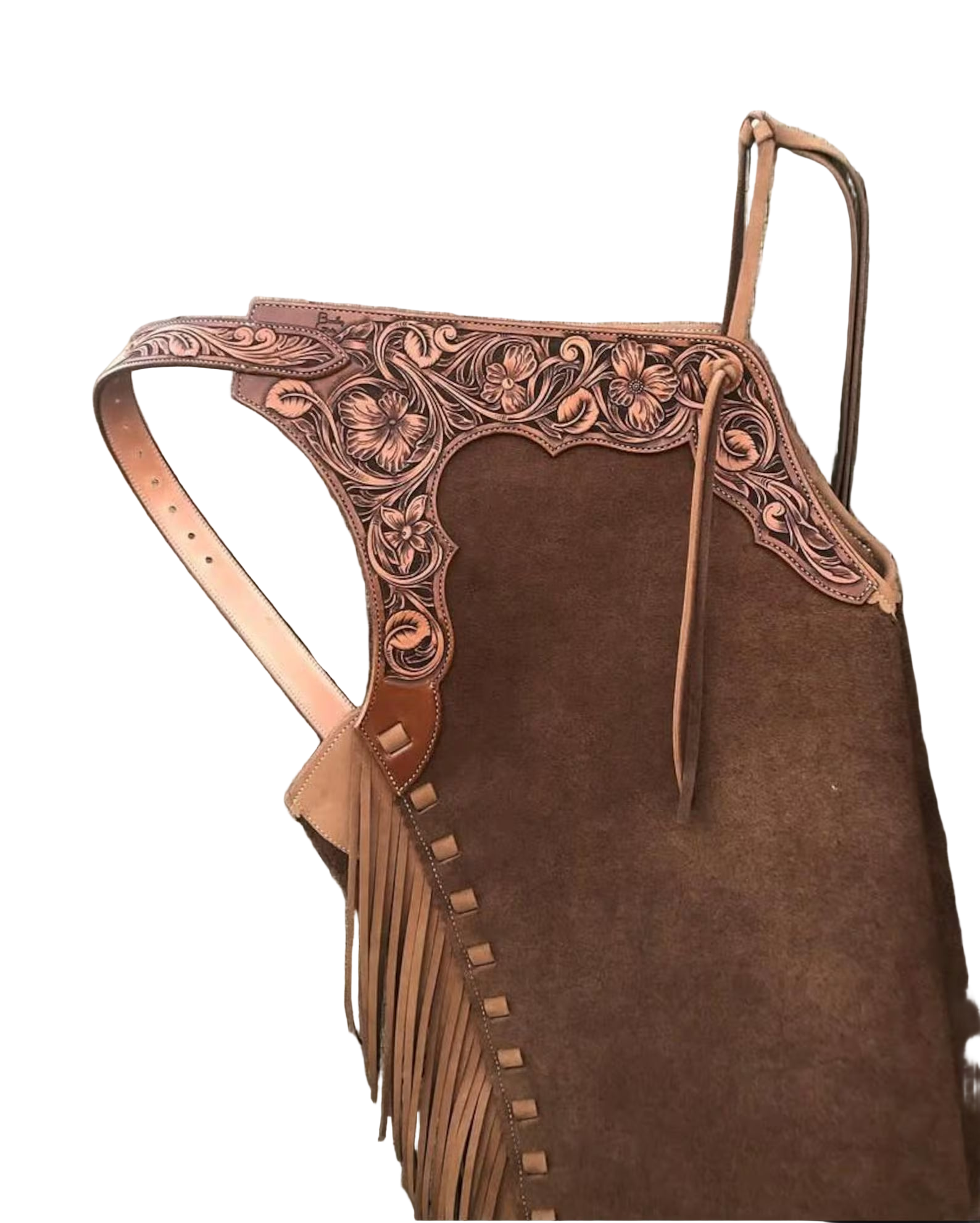 Premium Western Chaps – Floral Tooled Yoke on Sand Suede