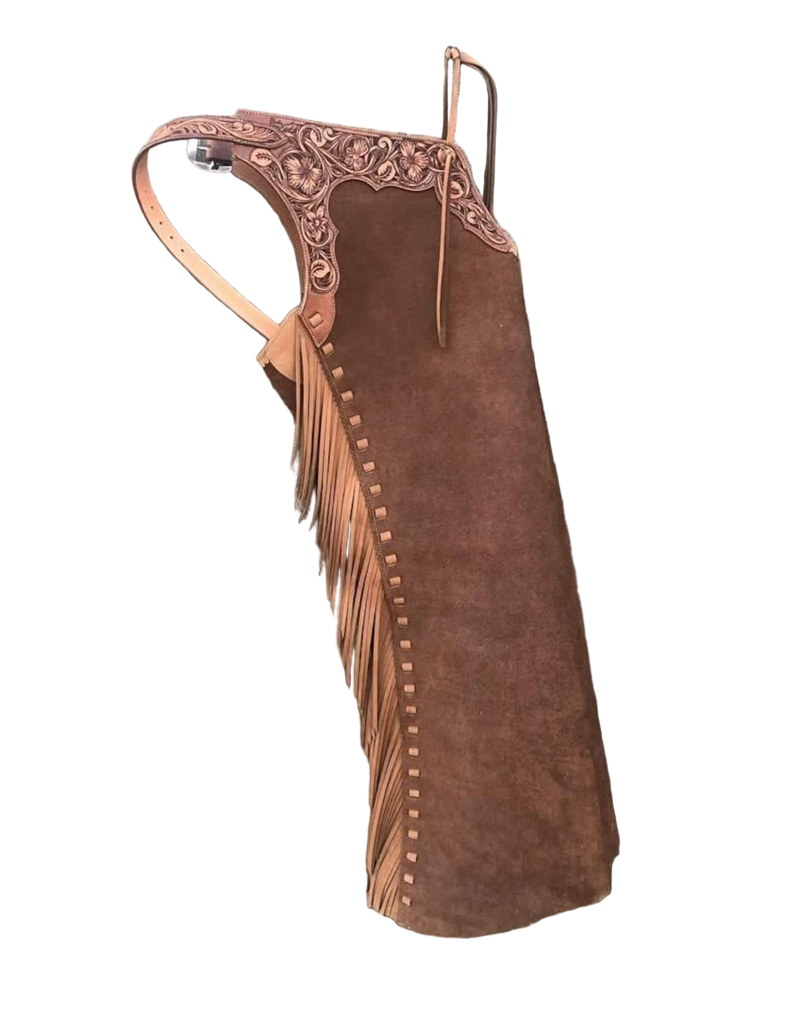 Premium Western Chaps – Floral Tooled Yoke on Sand Suede