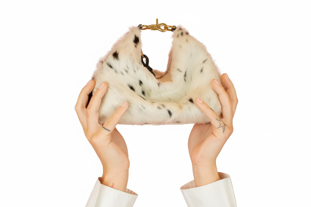Furry beige clutch held by hands against a white background