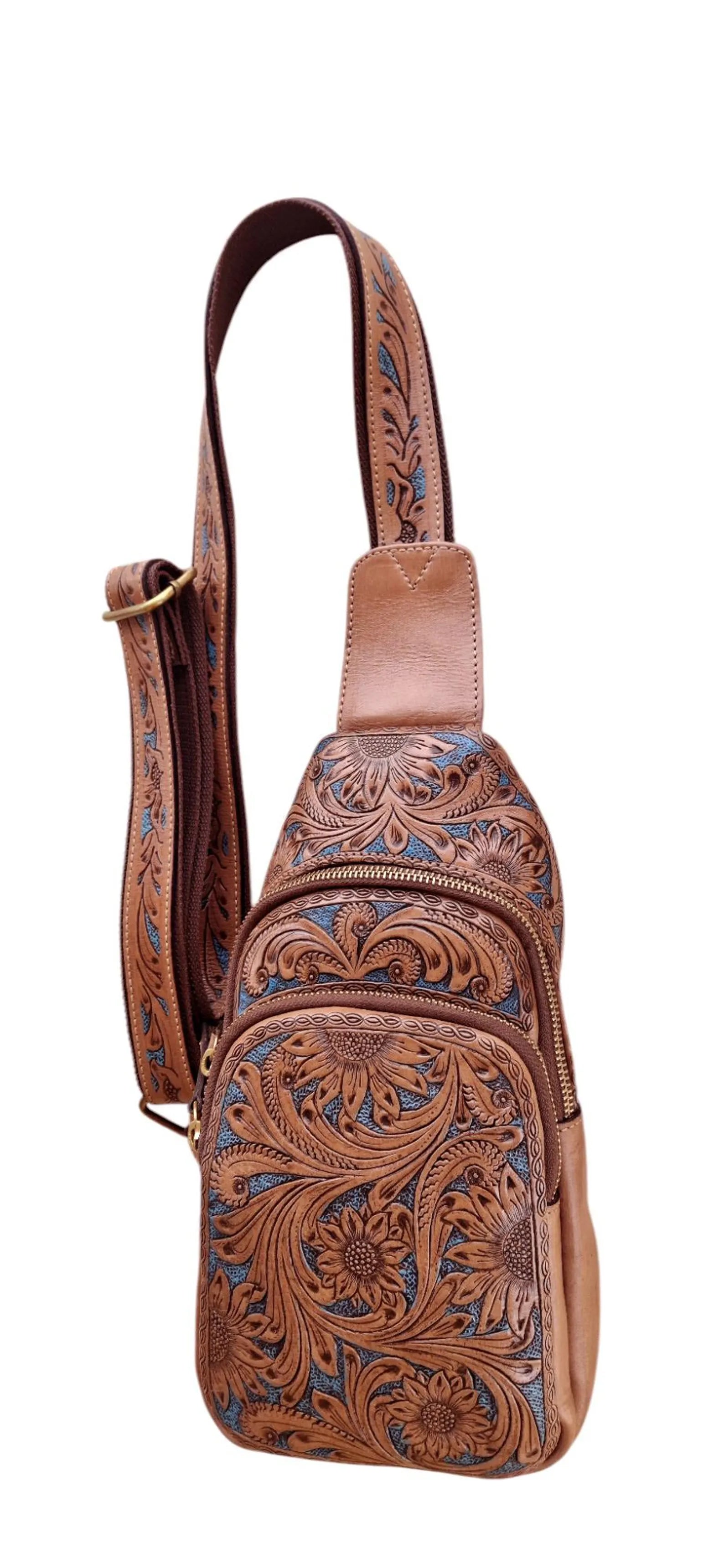 Handmade Tooled Leather Sling Bag: Floral Carving Western Crossbody