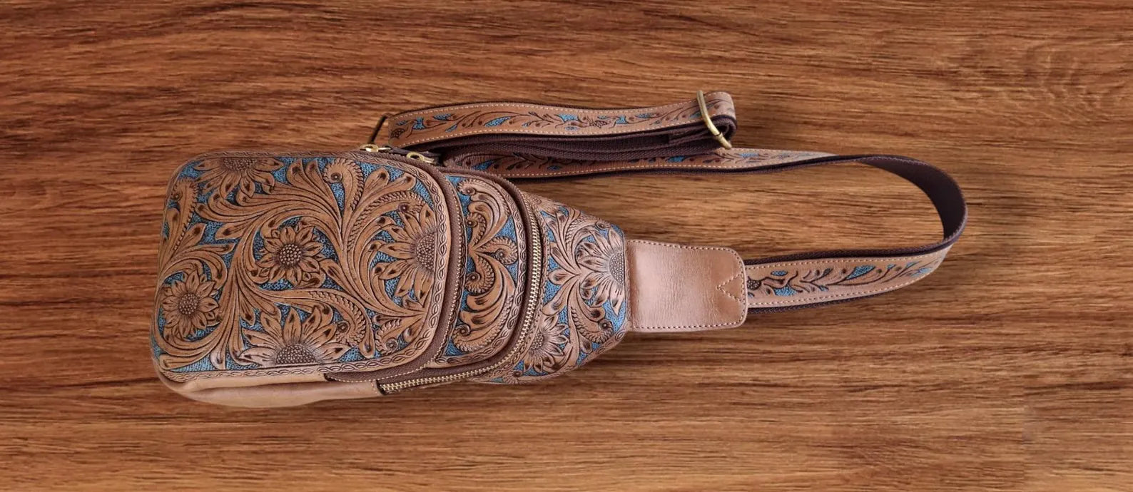Handmade Tooled Leather Sling Bag: Floral Carving Western Crossbody