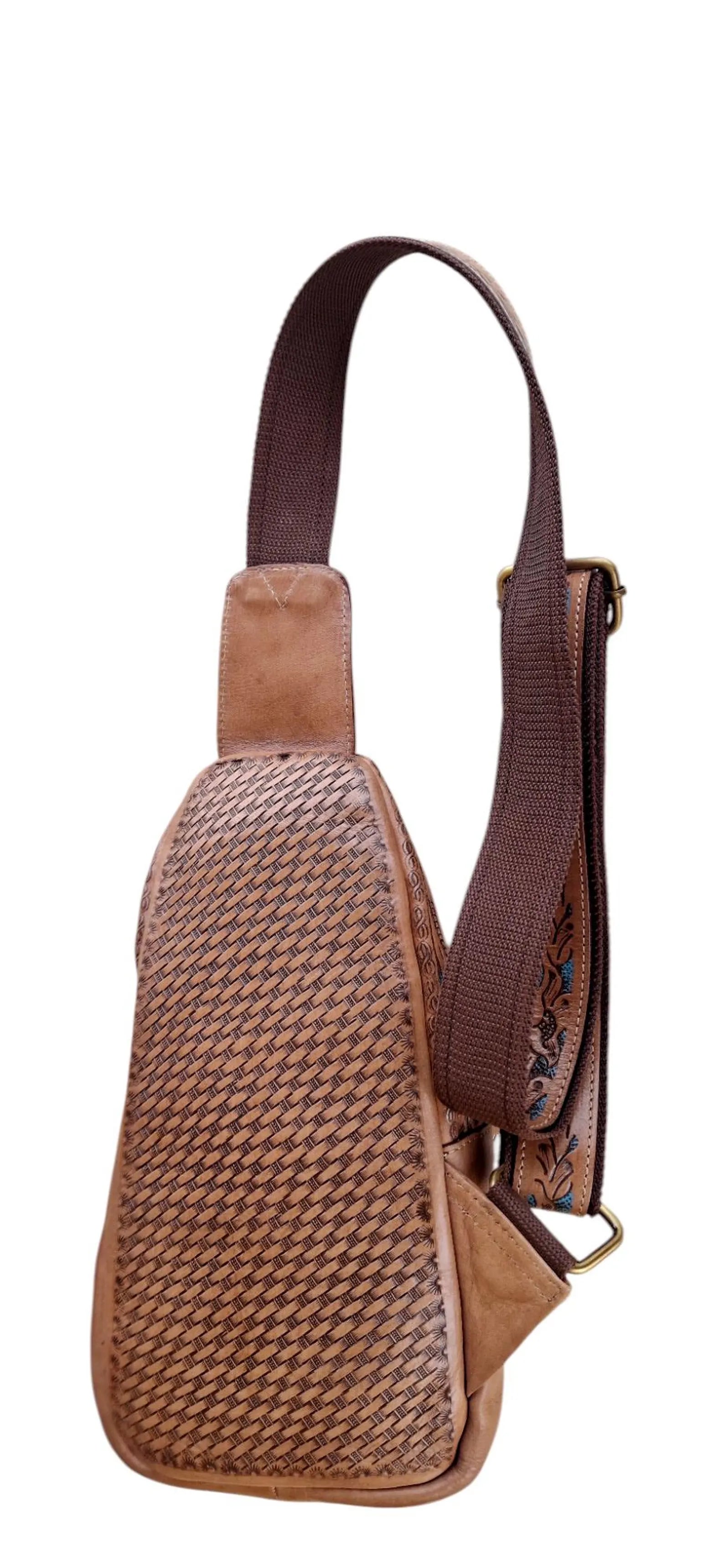 Handmade Tooled Leather Sling Bag: Floral Carving Western Crossbody