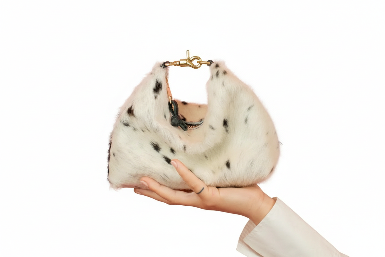 White fur bag with black spots held by a hand against a white background