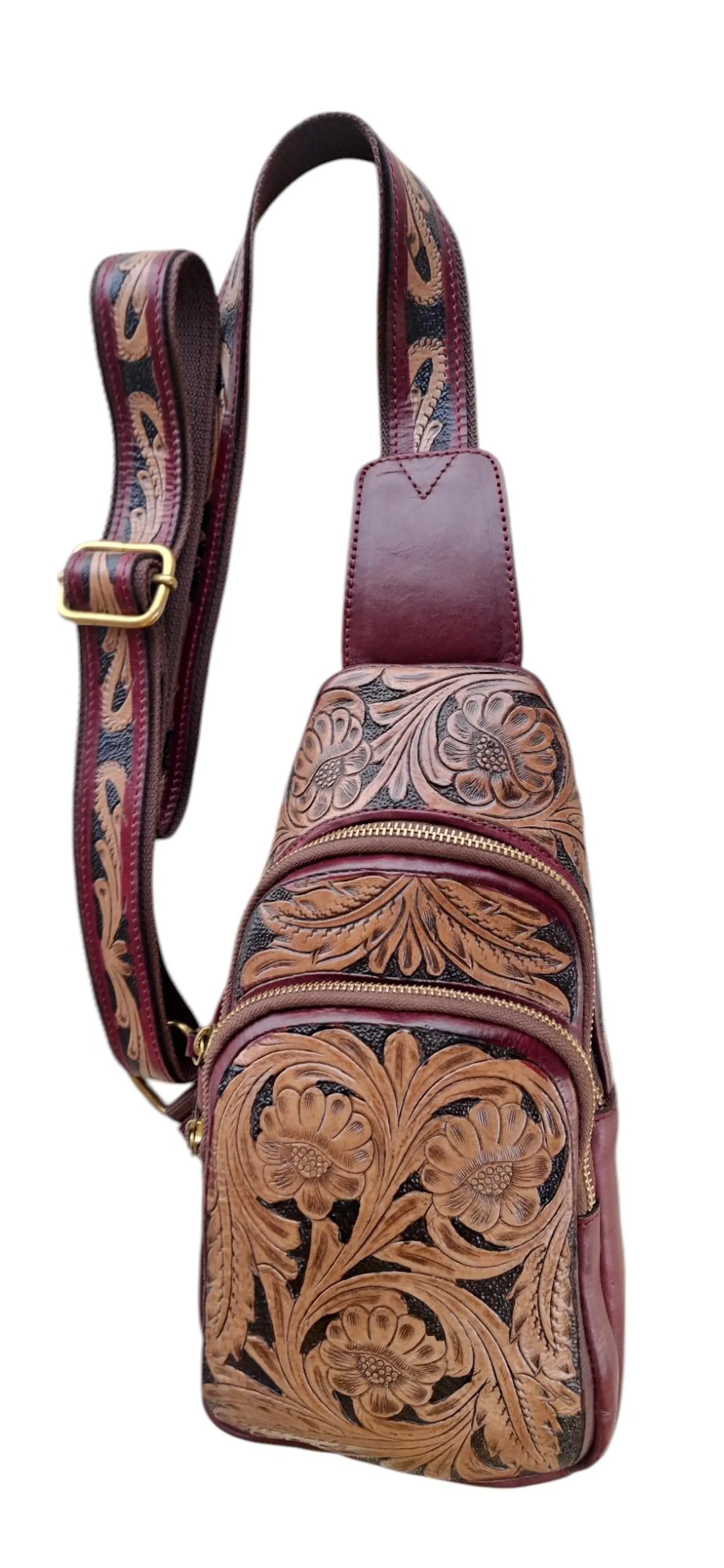 Handmade Tooled Leather Sling Bag: Floral Carving Western Crossbody