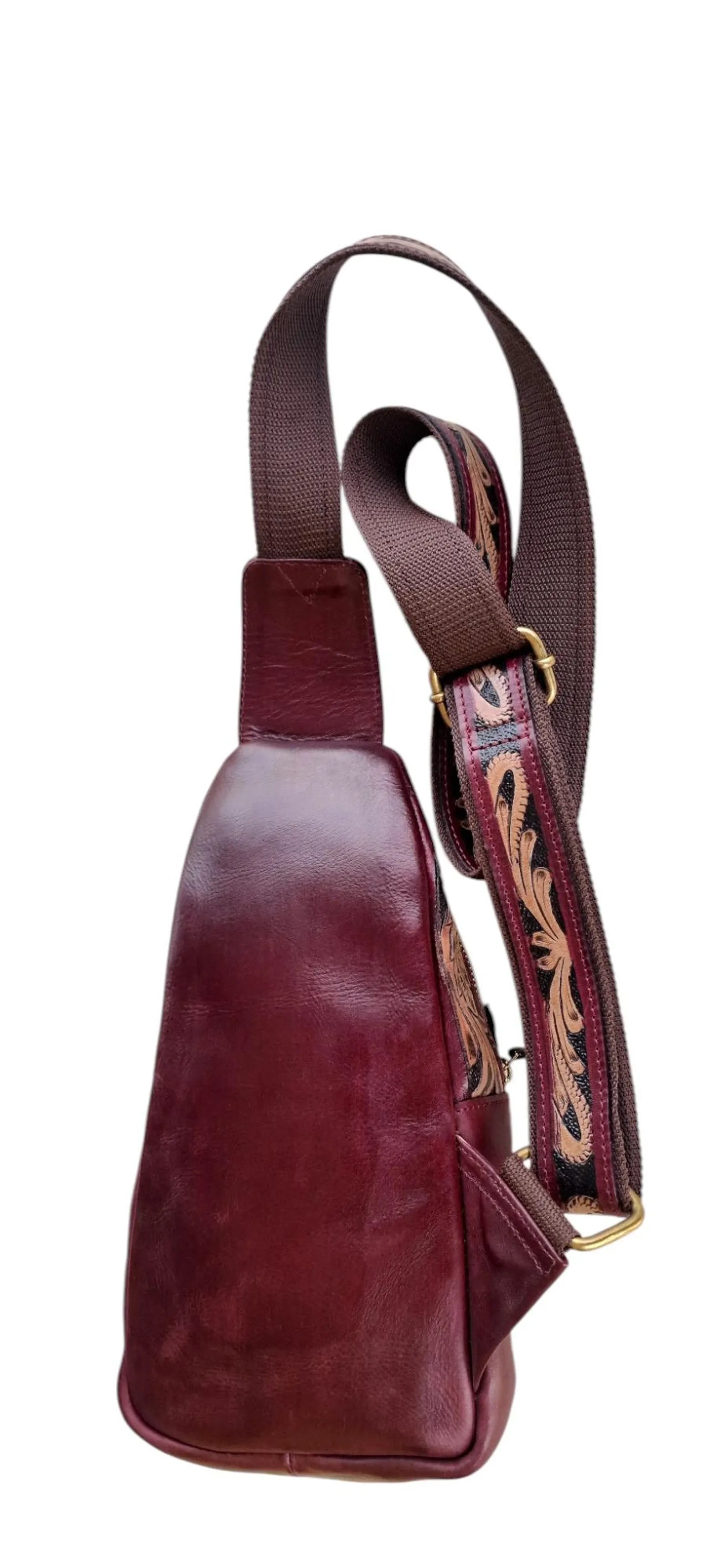 Handmade Tooled Leather Sling Bag: Floral Carving Western Crossbody