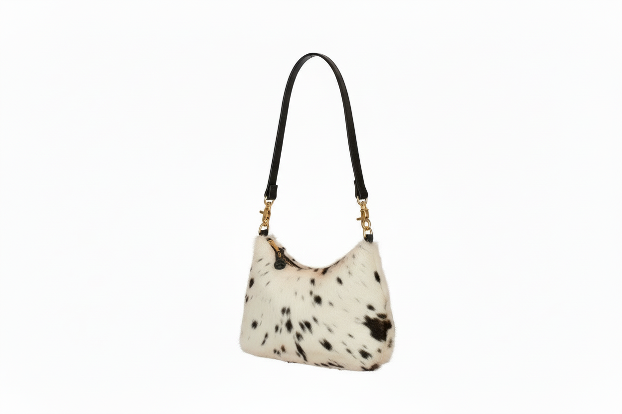 Handbag with black and white pattern held by a hand against a white background