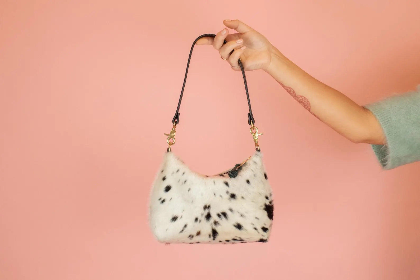 Slim Leather Shoulder Bag in Cow print, Hair-on-Hide Handbag, Women's Western Totes