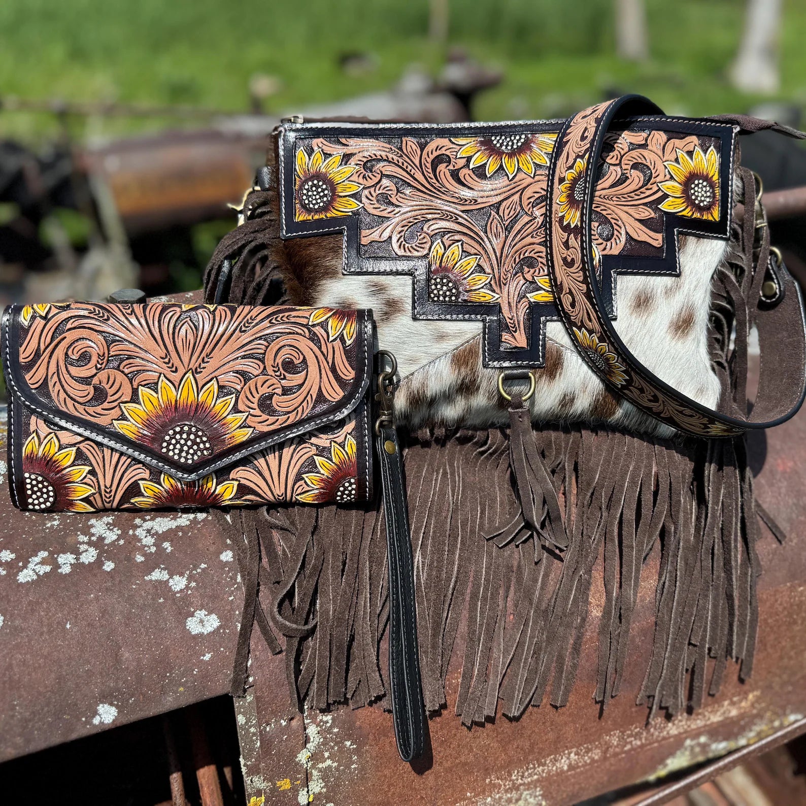 Genuine Western Cowhide Leather Crossbody Purse and Clutch with Dark Sunflower painted.