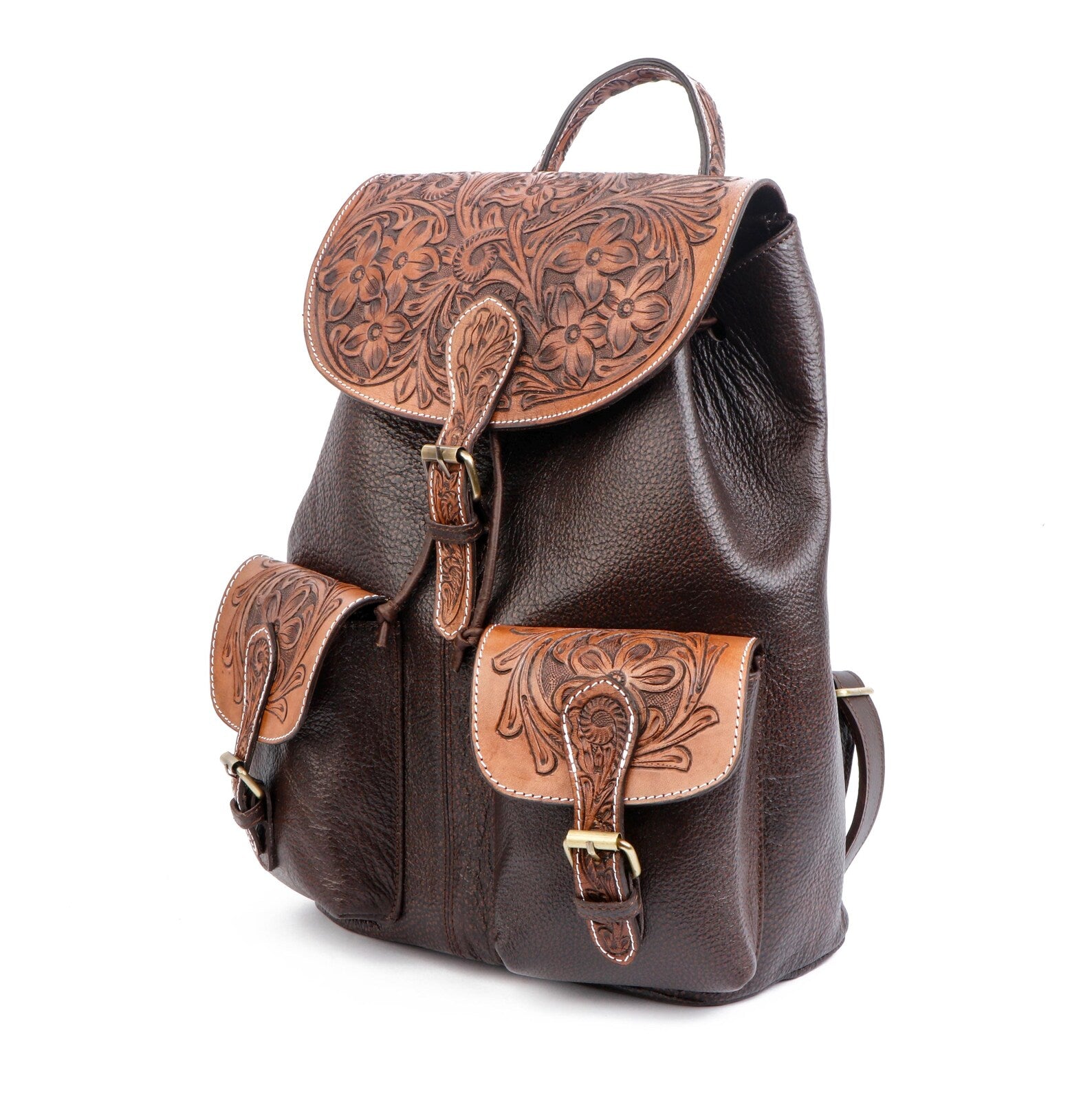 Hand Tooled Leather Backpack: Western Cowhide Travel Bag