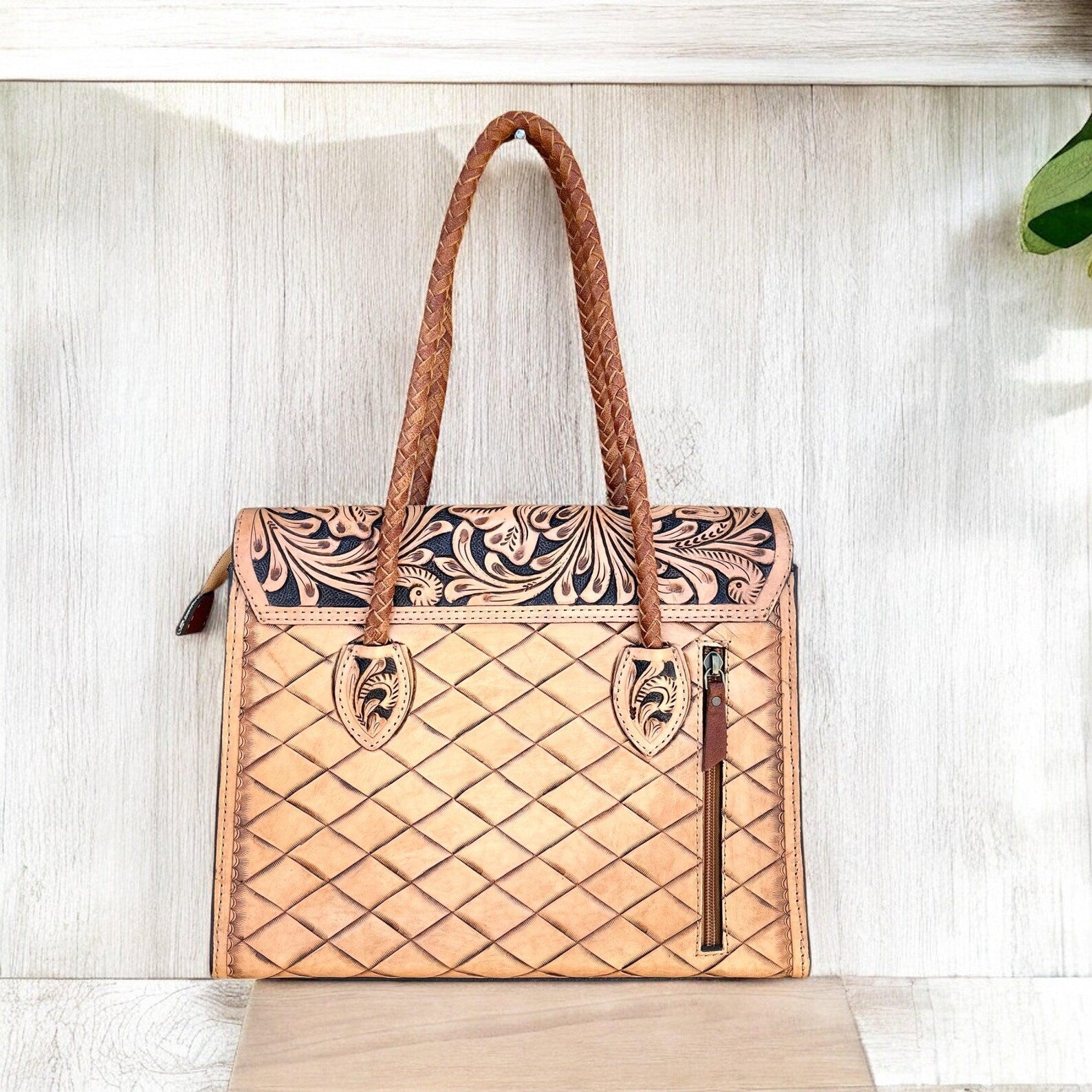 Hand-Tooled Leather Weekender Crossbody Tote Bag, Handmade Large Carry-On, Western Style Leather tooled Handbag