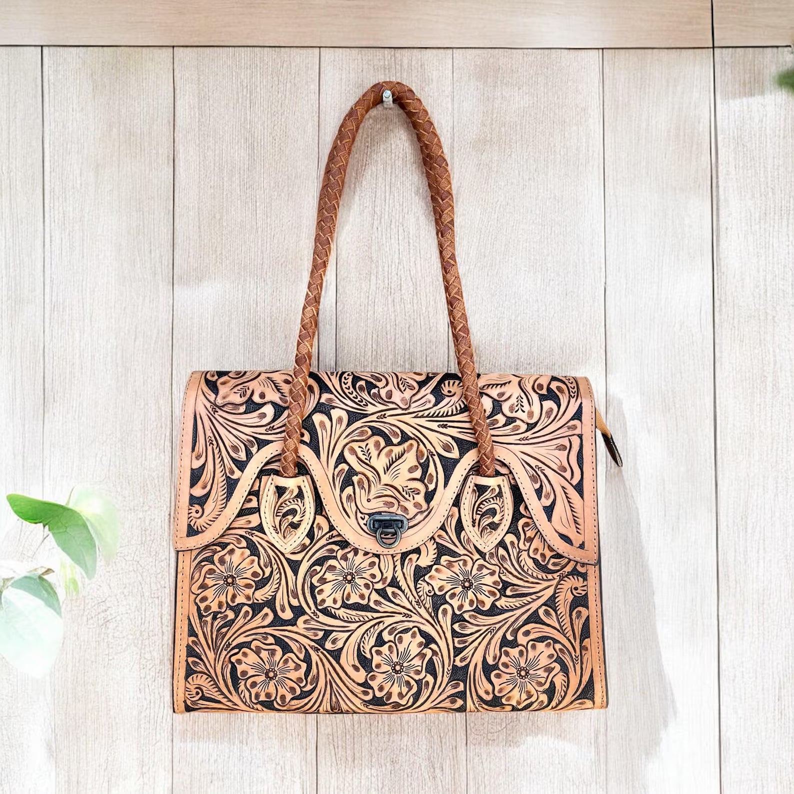 Hand-Tooled Leather Weekender Crossbody Tote Bag, Handmade Large Carry-On, Western Style Leather tooled Handbag