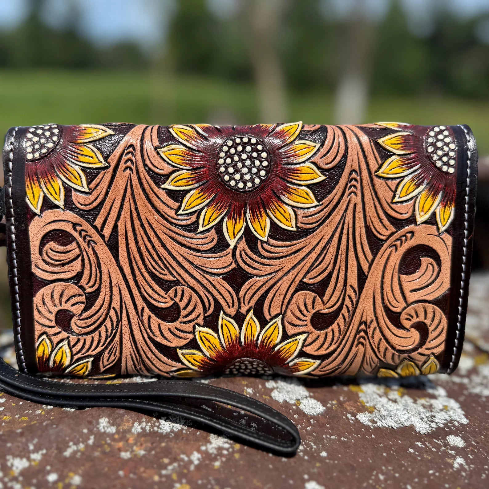 Genuine Western Cowhide Leather Crossbody Purse and Clutch with Dark Sunflower painted.