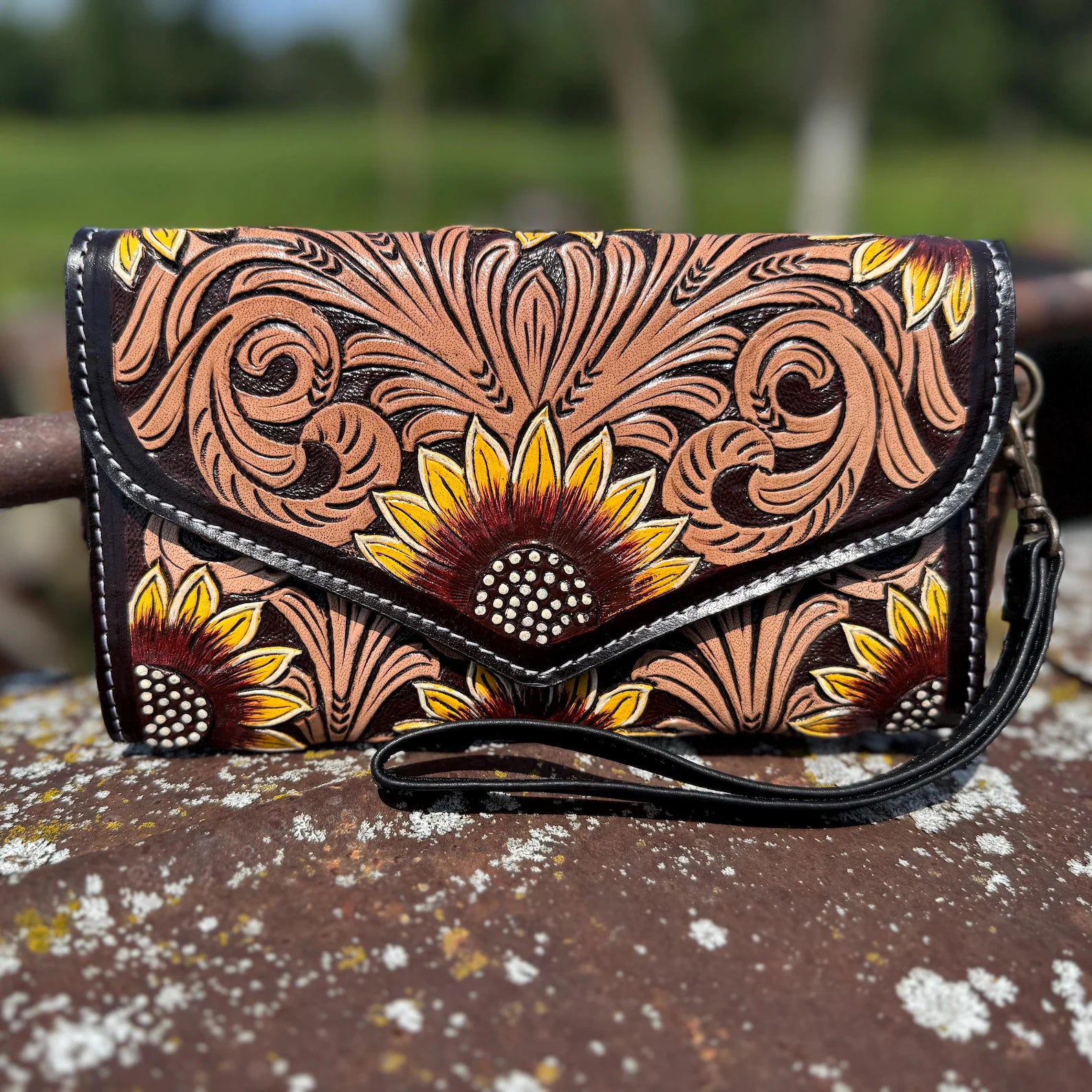 Genuine Western Cowhide Leather Crossbody Purse and Clutch with Dark Sunflower painted.