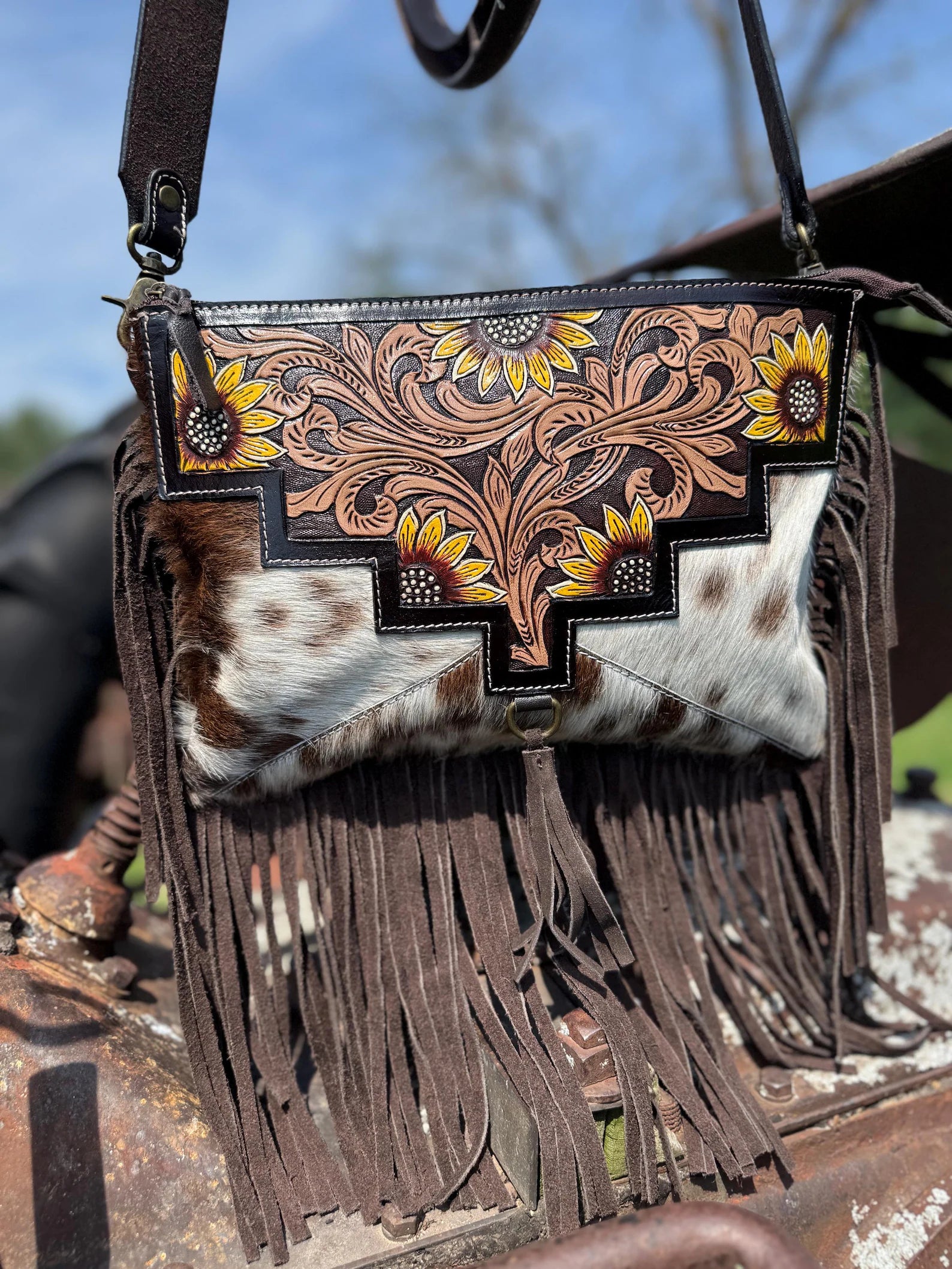 Genuine Western Cowhide Leather Crossbody Purse and Clutch with Dark Sunflower painted.