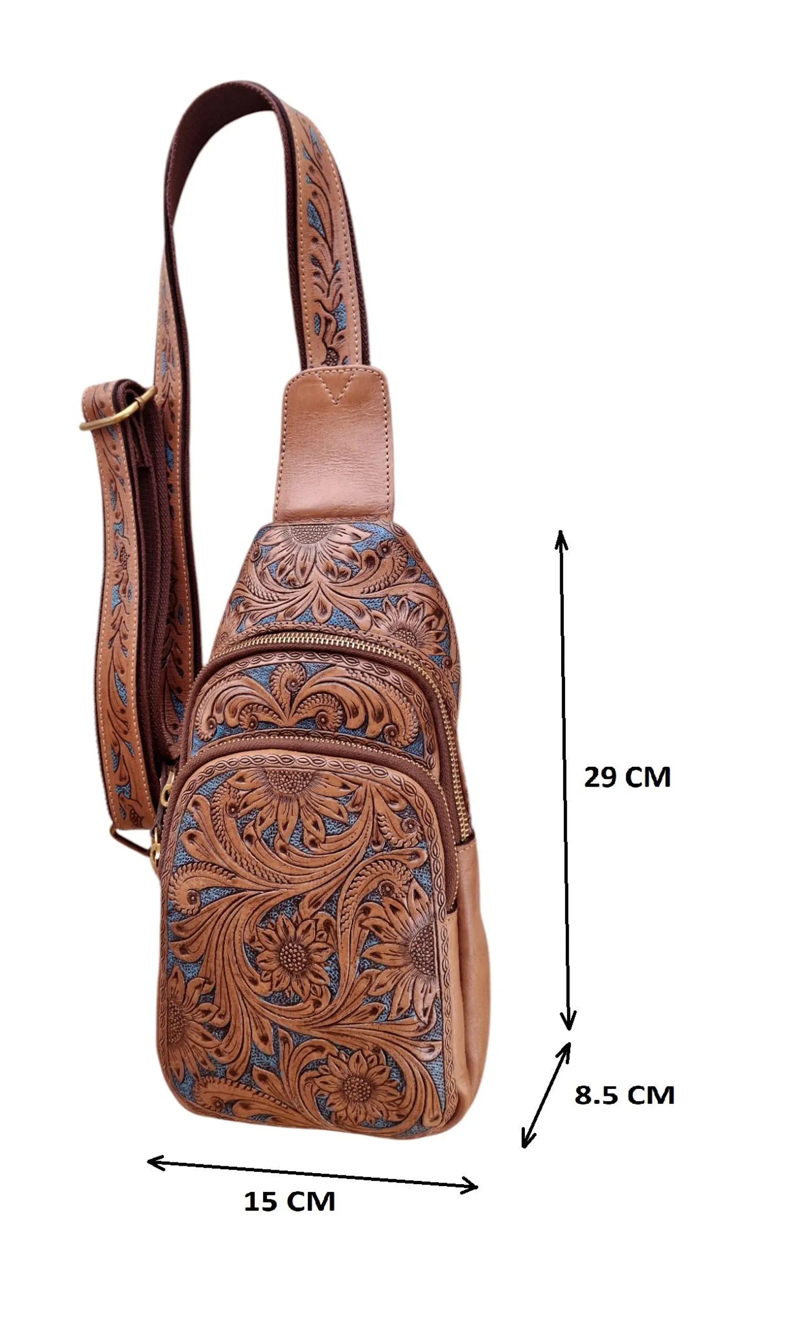 Handmade Tooled Leather Sling Bag: Floral Carving Western Crossbody