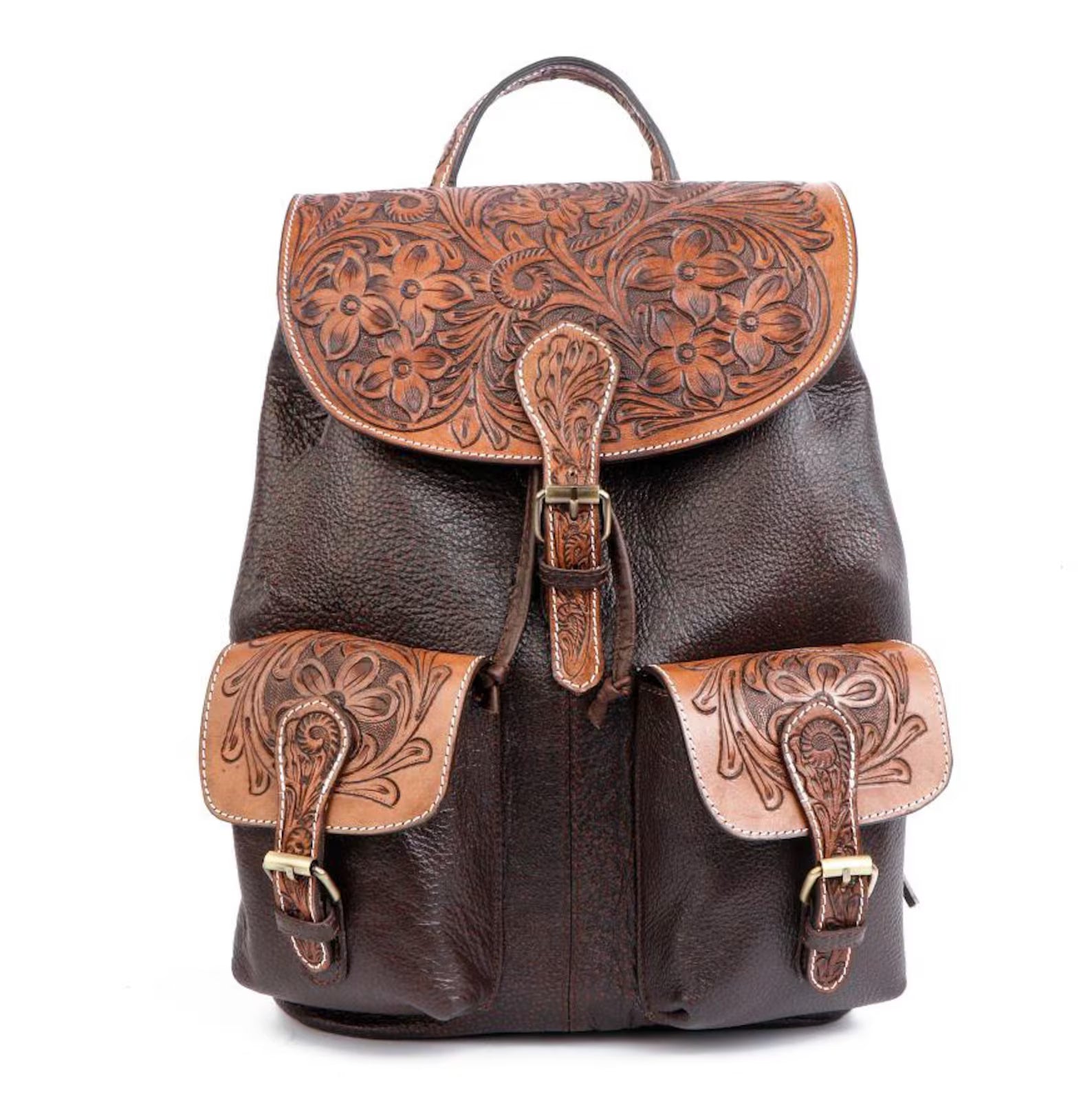 Hand Tooled Leather Backpack: Western Cowhide Travel Bag