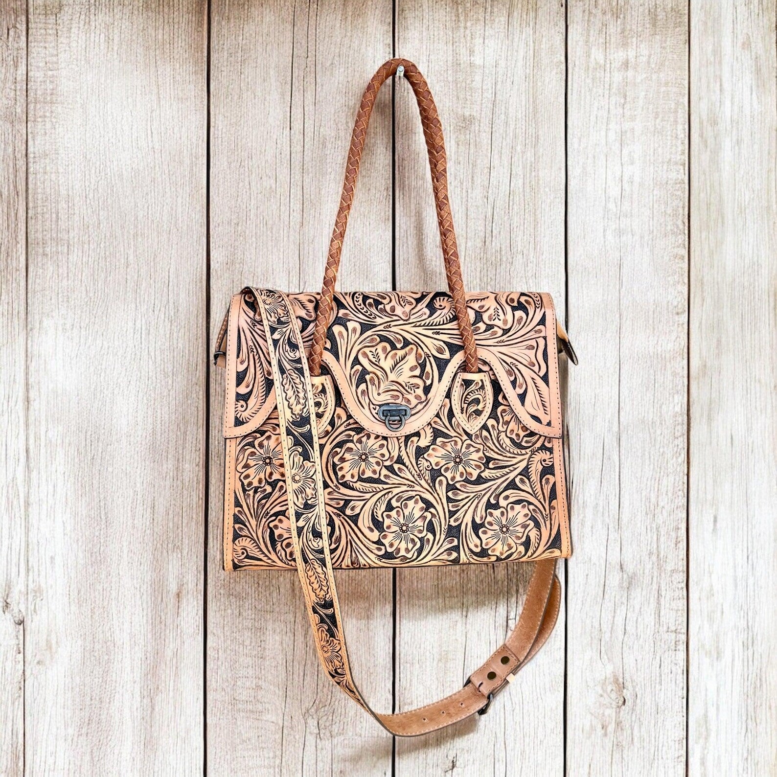 Hand-Tooled Leather Weekender Crossbody Tote Bag, Handmade Large Carry-On, Western Style Leather tooled Handbag