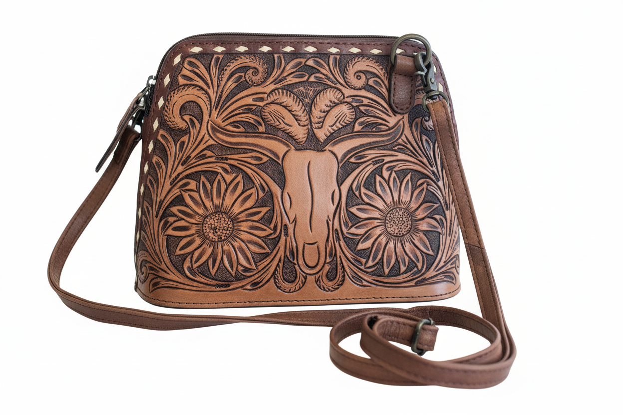 Handmade Western Leather Crossbody Purse – Full Grain Tote Bag, Hand Tooled Small Western Handbag